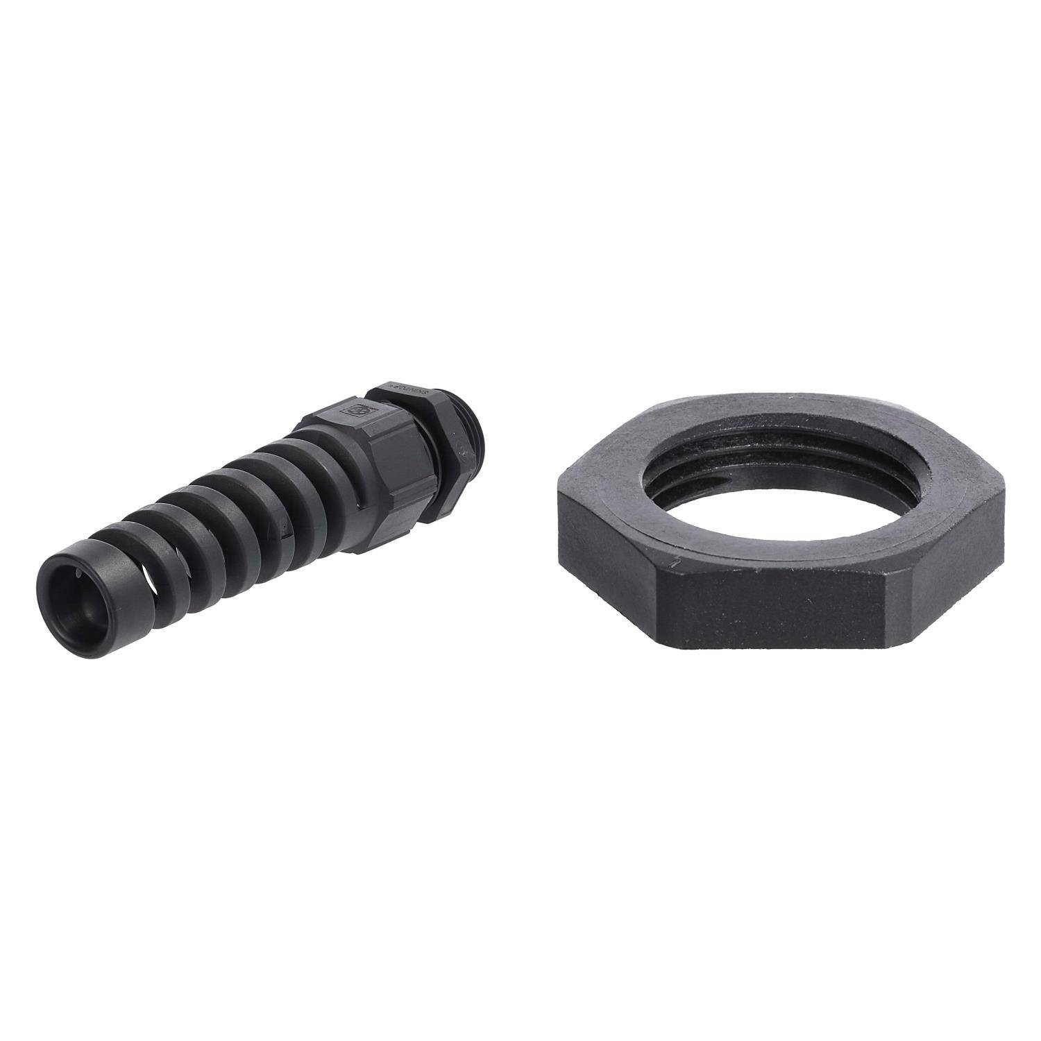 Schwarzer Schlauchstutzen mit Gewinde und sechskantiger Mutter, nebeneinander vor weißem Hintergrund. Verwendet für sichere Verbindungen in Sanitär- oder Kraftfahrzeugsystemen.