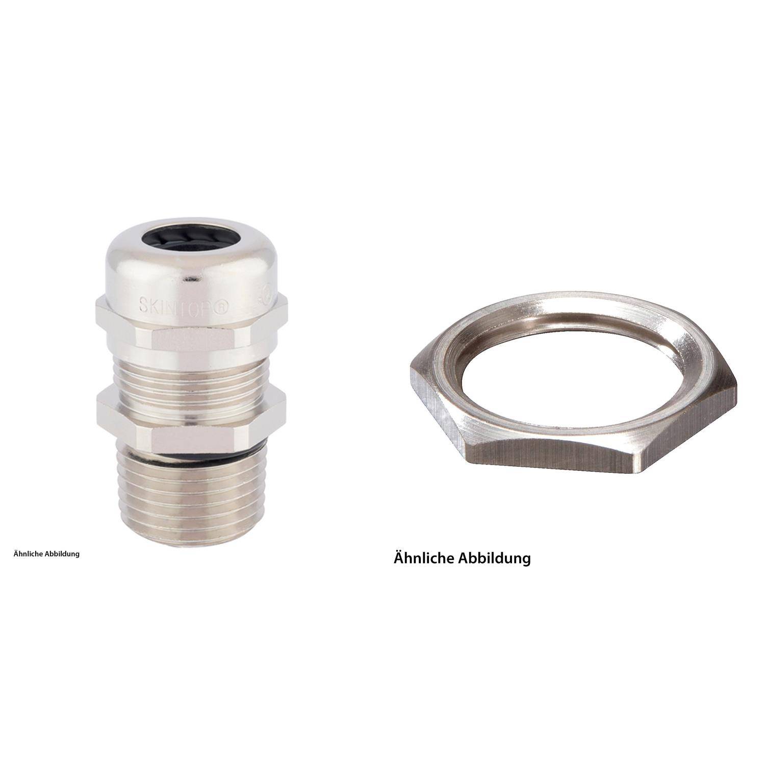 Ein Metall-Kabelverschraubung mit Gewindeschraube, Dichtung und Mutter. Die Verschraubung wird zum Sichern und Abschließen von elektrischen Kabeln verwendet.