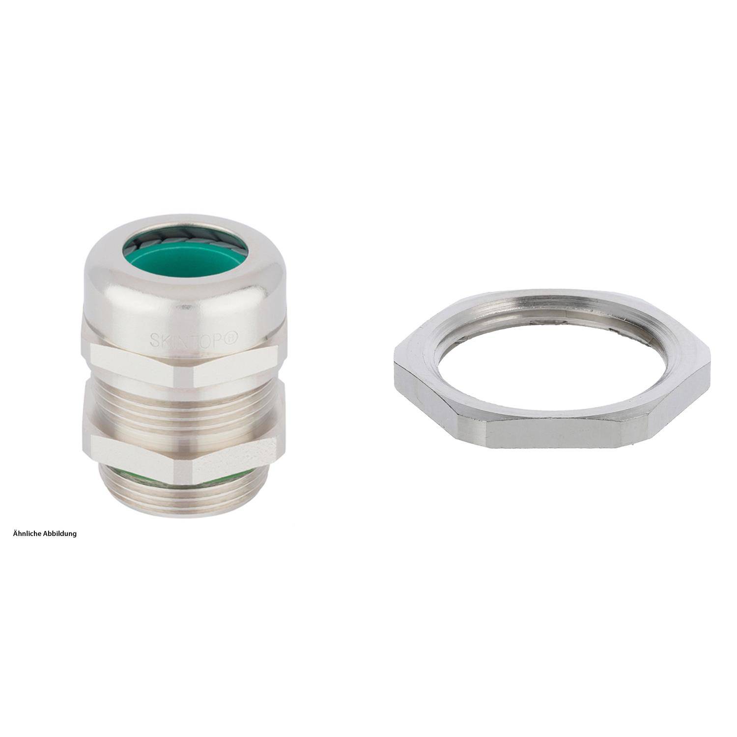 Metall-Kabelverschraubung mit Gegenmutter; verfügt über eine grüne Dichtung und sechseckige Form zum Sichern von Kabeln durch eine Platte oder ein Gehäuse.