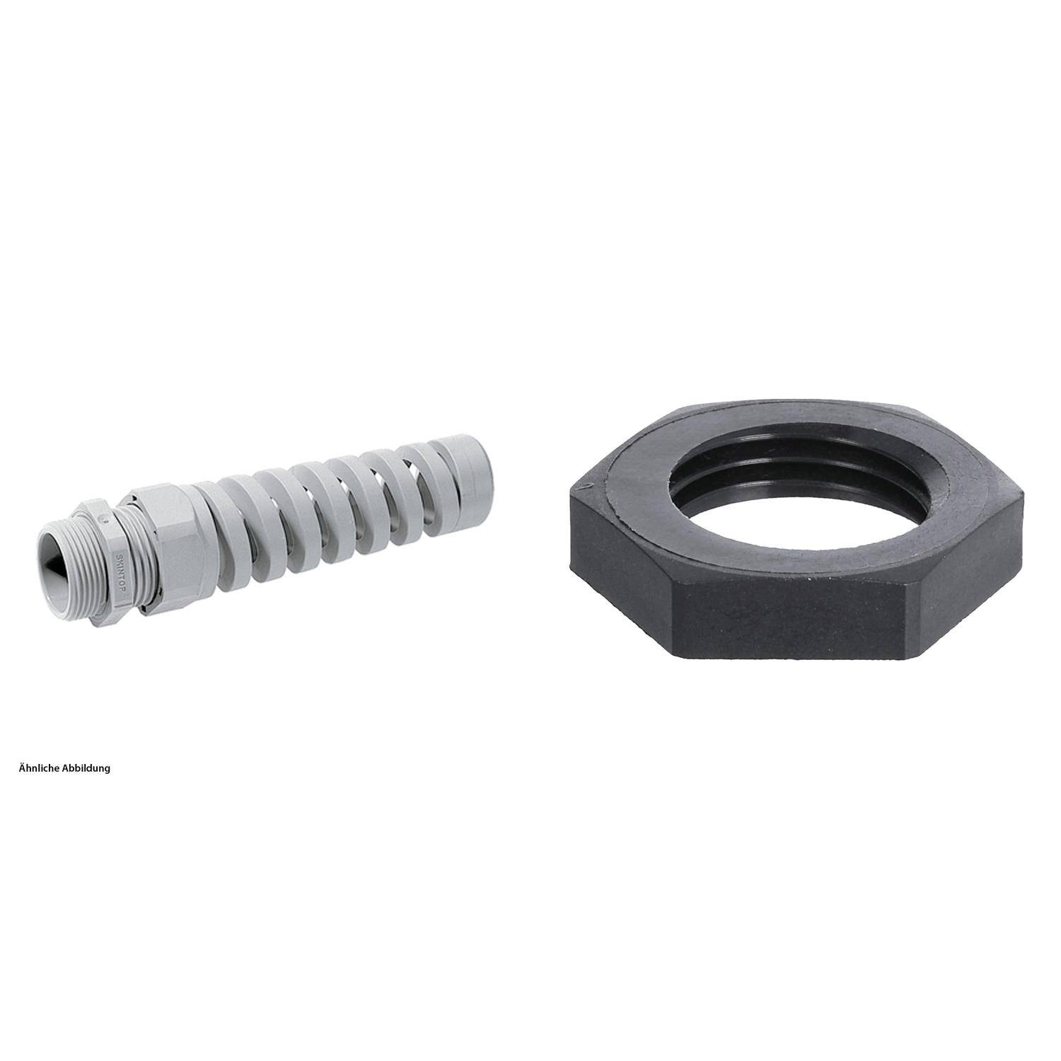 Ein flexibler Leitungsverbinder und eine sechseckige Mutter vor einem weißen Hintergrund. Der Verbinder hat eine Spiraldesign mit einem Gewinde-Ende.