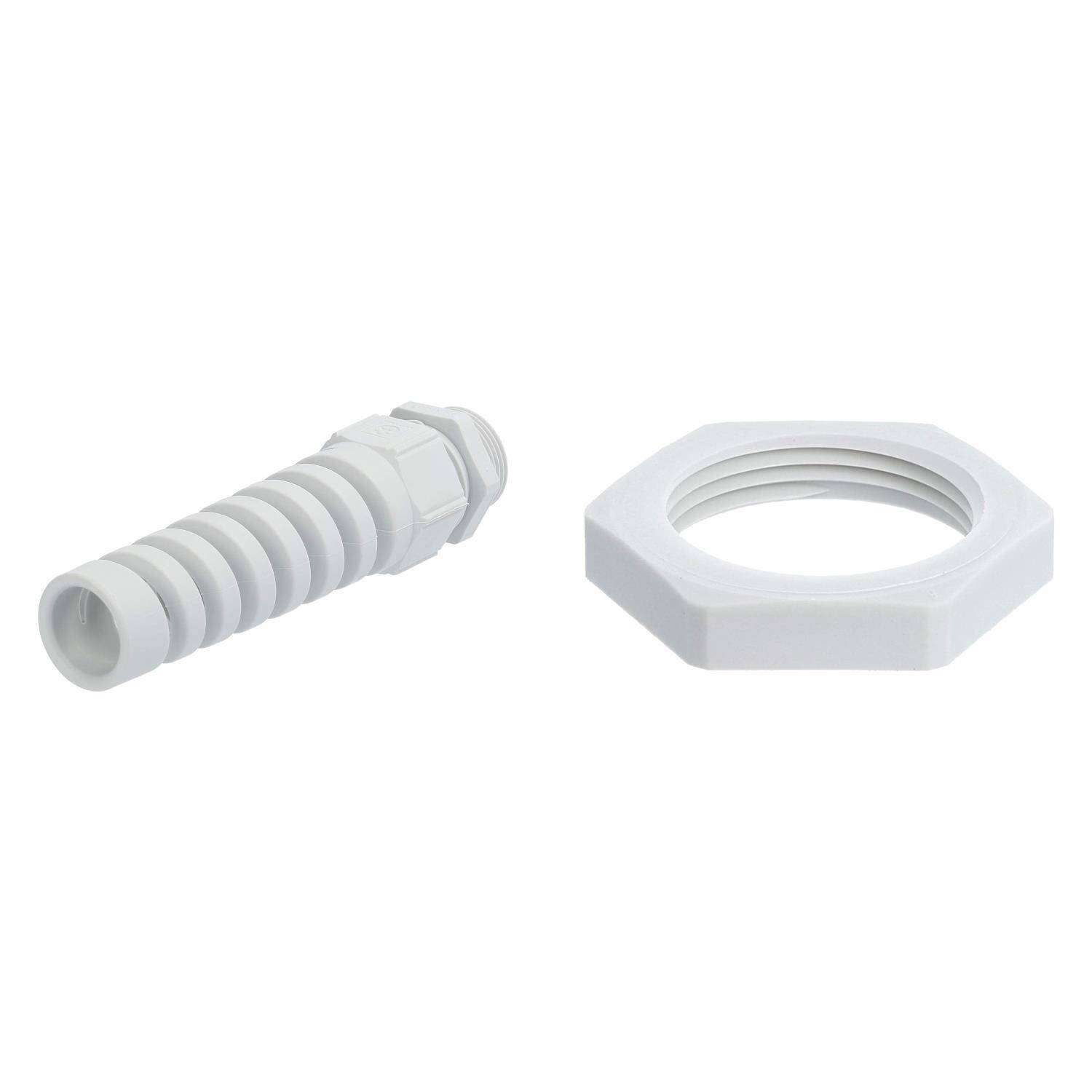 Ein weißer Kunststoff-Schlauchanschluss mit Gewindeende und einer passenden Sechskantmutter, auf einem einfarbigen Hintergrund abgebildet.