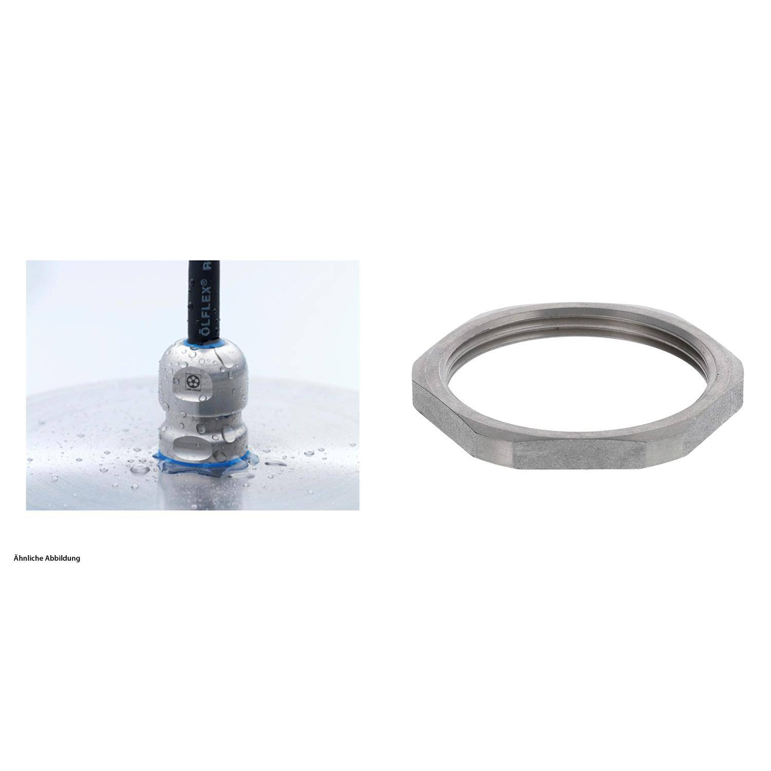 Eine Nahaufnahme eines Sensorenkopfes auf einem industriellen Tankdeckel neben einem metallischen Sechskantmutterring. Text: 'Abbildung ähnlich'.