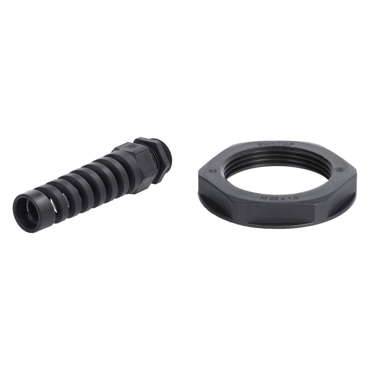 Axiale Abdeckung mit Klemmkontur, dargestellt mit einer ringförmigen Befestigungskomponente, beide in Schwarz, auf weißem Hintergrund.