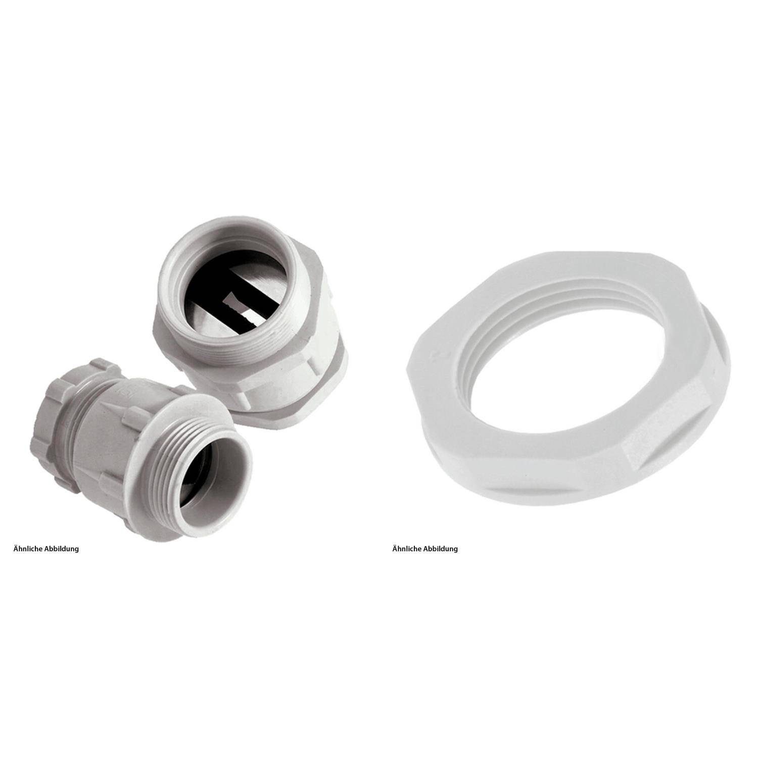 Zwei graue Kabelverschraubungen mit Gewindeenden und einem sechskantigen Gegenmutter, die zum Sichern von Kabeln und zur Zugentlastung verwendet werden.