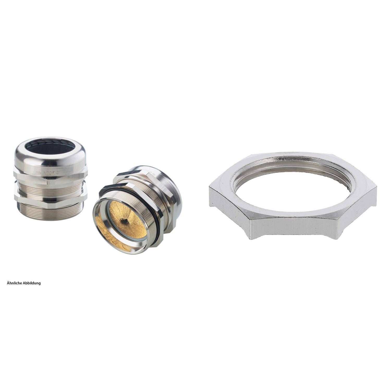 Kabelverschraubung und Sicherungsmutter. Silberne Kabelverschraubung links mit Gewindeanschluss, Wickelende und schwarzer Dichtungskomponente im Inneren. Sechskant-Sicherungsmutter rechts.