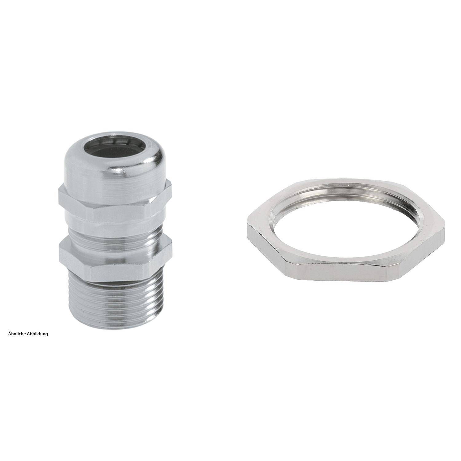 Vernickelte Messing-Kabelverschraubung mit Dichtung und Gegenmutter.