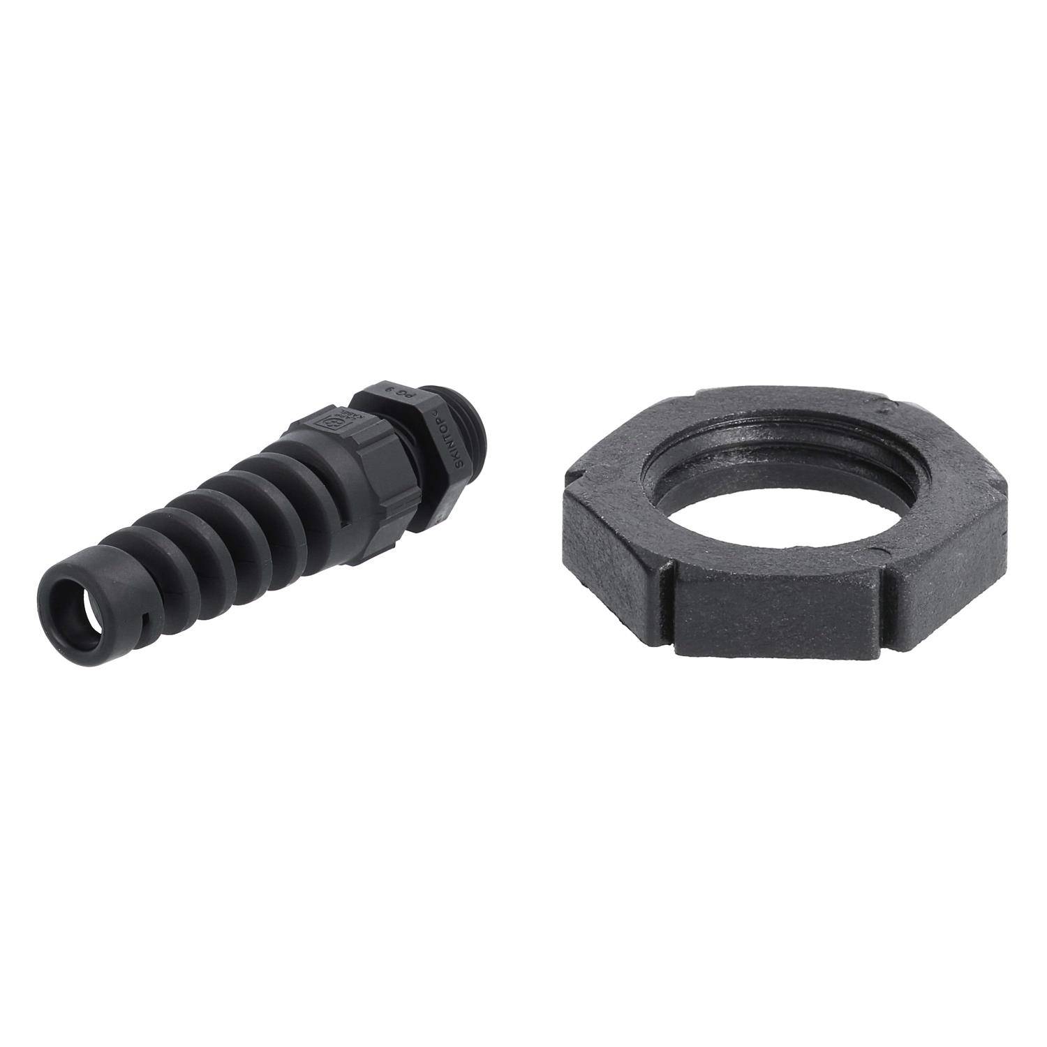 Schwarzer gerippter Verbinder und sechseckige Mutter, nebeneinander auf weißem Hintergrund.