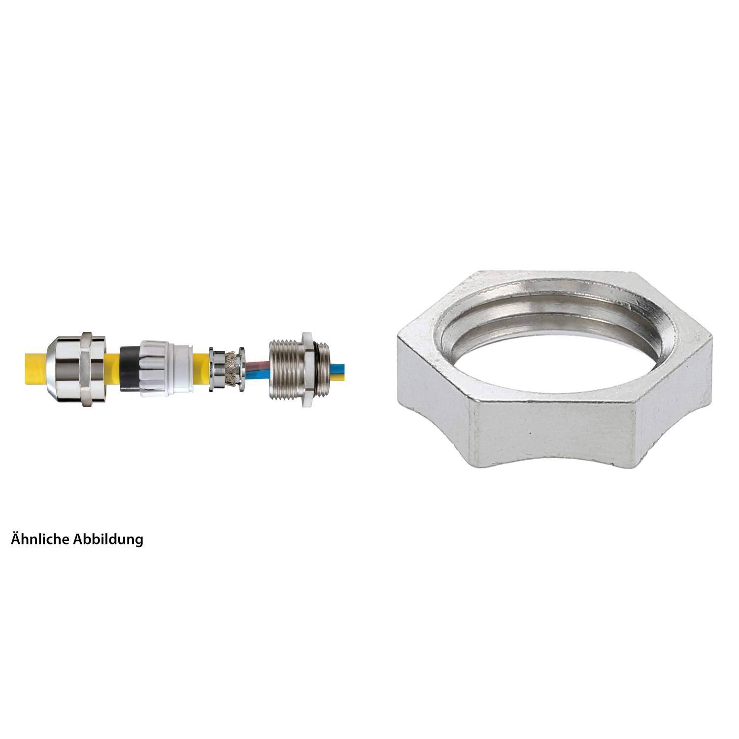 Ein Metallverbindersystem mit zwei Teilen: einem zylindrischen Stecker mit angebrachtem Kabel und einer sechskantigen Schraubkappe.