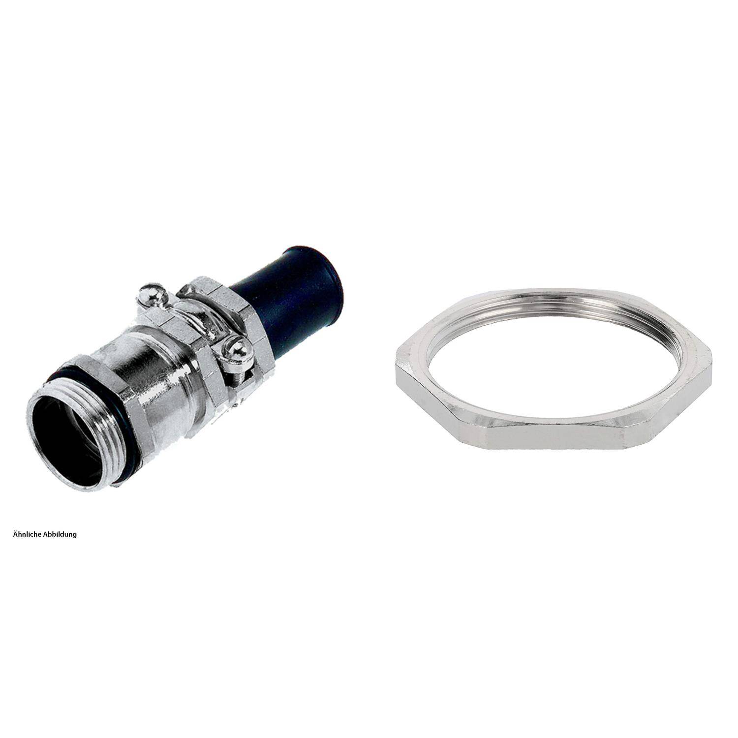 Das Bild zeigt eine Metallkabelverschraubung mit ihrer Mutter. Die Verschraubung hat einen schwarzen Enddeckel und einen gerillten Metallkörper, der zum Sichern von Kabeln verwendet wird.