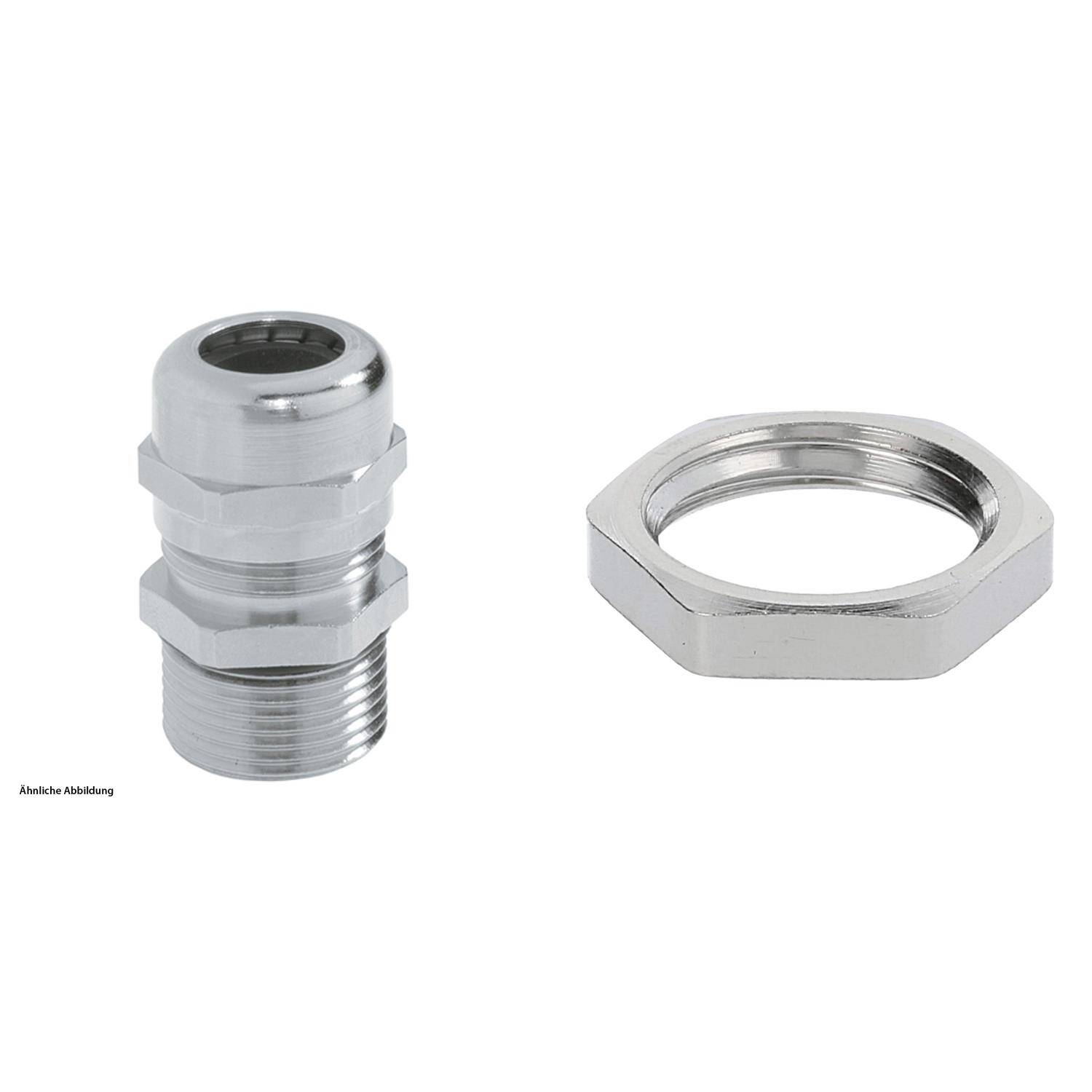 Eine silberne Metall-Kabelverschraubung mit zugehöriger Sicherungsmutter, die zum Befestigen und Verbinden von Kabeln durch Gehäuse verwendet wird.