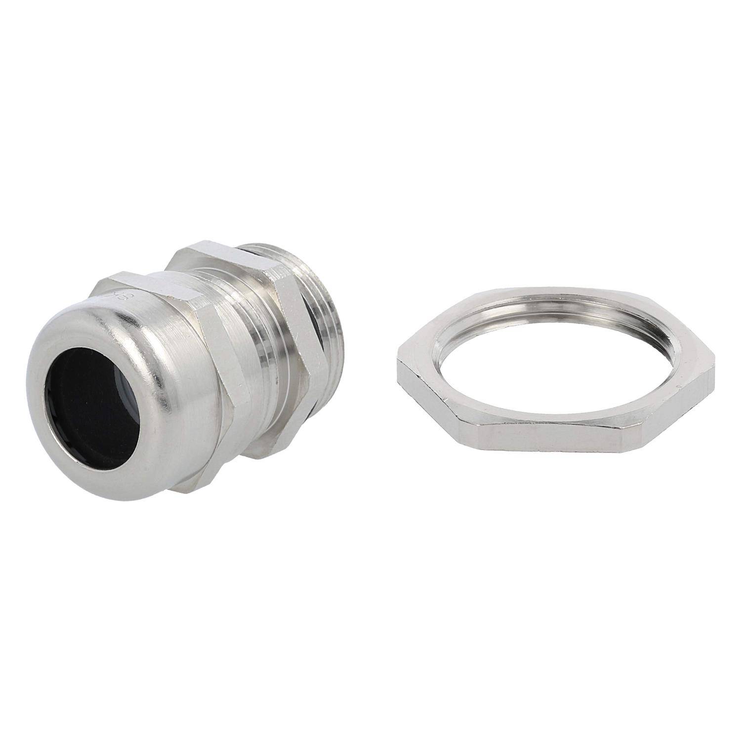 Eine metallische Kabelverschraubung und eine passende sechseckige Sicherungsmutter sind vor einem weißen Hintergrund dargestellt und veranschaulichen Komponenten zur Kabelbefestigung.