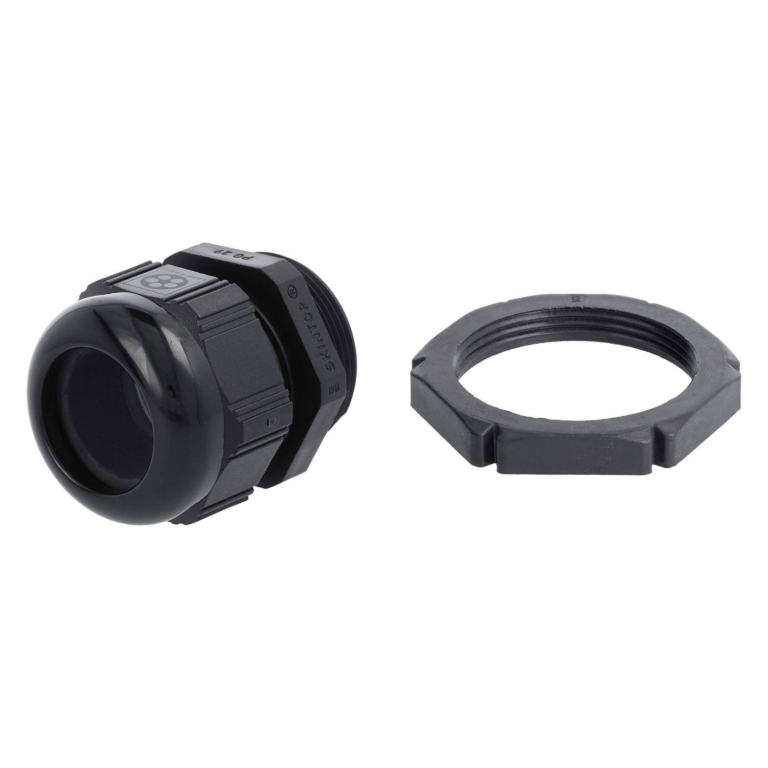 Eine schwarze Kunststoff-Kabelverschraubung mit der zugehörigen Sicherungsmutter, entwickelt zum Befestigen von Kabeln und zur Zugentlastung in elektrischen Installationen.