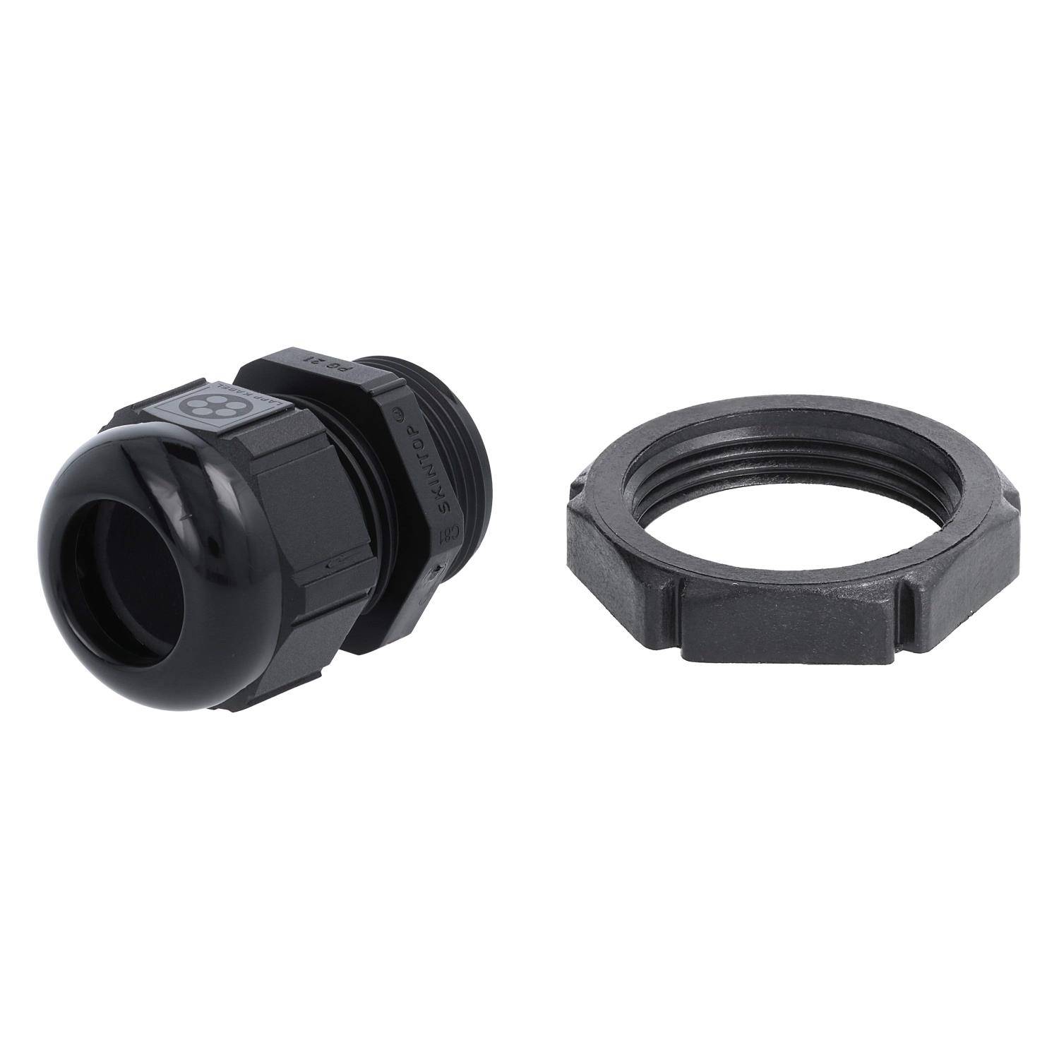 Schwarze Kabelverschraubung und Gegenmutter, die zum Sichern von Kabeln verwendet werden, nebeneinander vor einem einfarbigen weißen Hintergrund abgebildet.