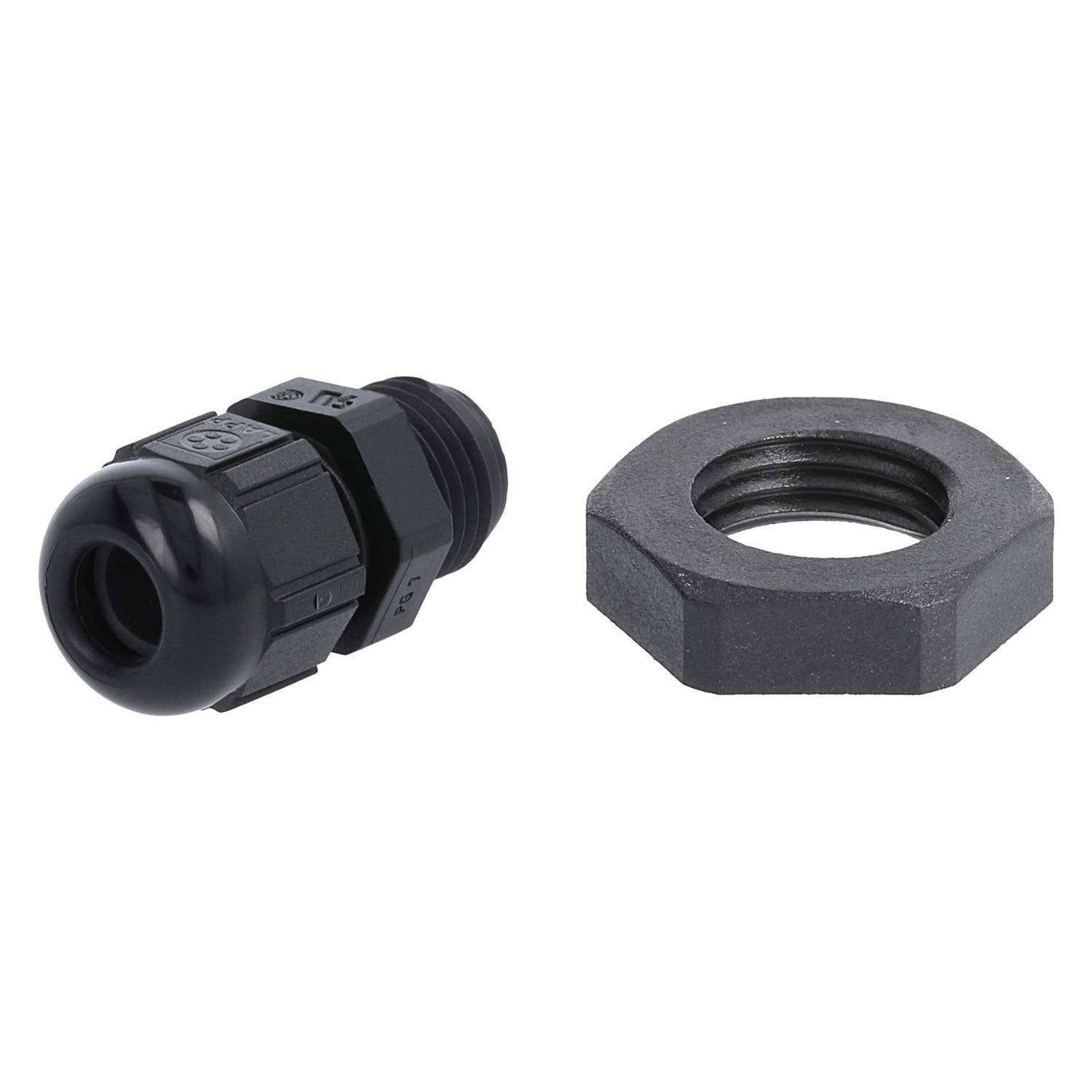 Eine schwarze Plastik-Kabelverschraubung und eine Sechskantmutter auf weißem Hintergrund; verwendet zum Sichern von Kabeln durch Platten oder Gehäuse.