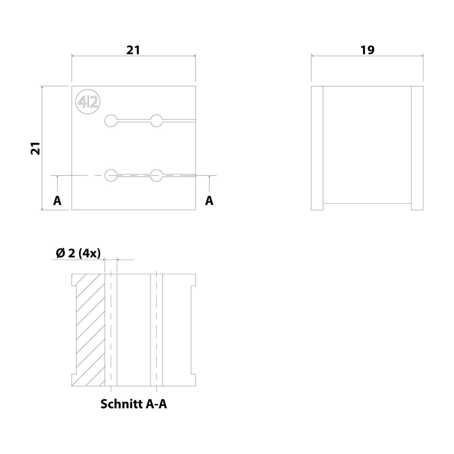 Technische Zeichnung eines Blocks mit Abmessungen 21x21x19. Die Draufsicht zeigt zwei Kreismarkierungen. Die Seitenansicht enthält Schnitt A-A mit Fokus auf die zentralen Bohrungen, beschriftet mit 'Ø 2 (4x)'.