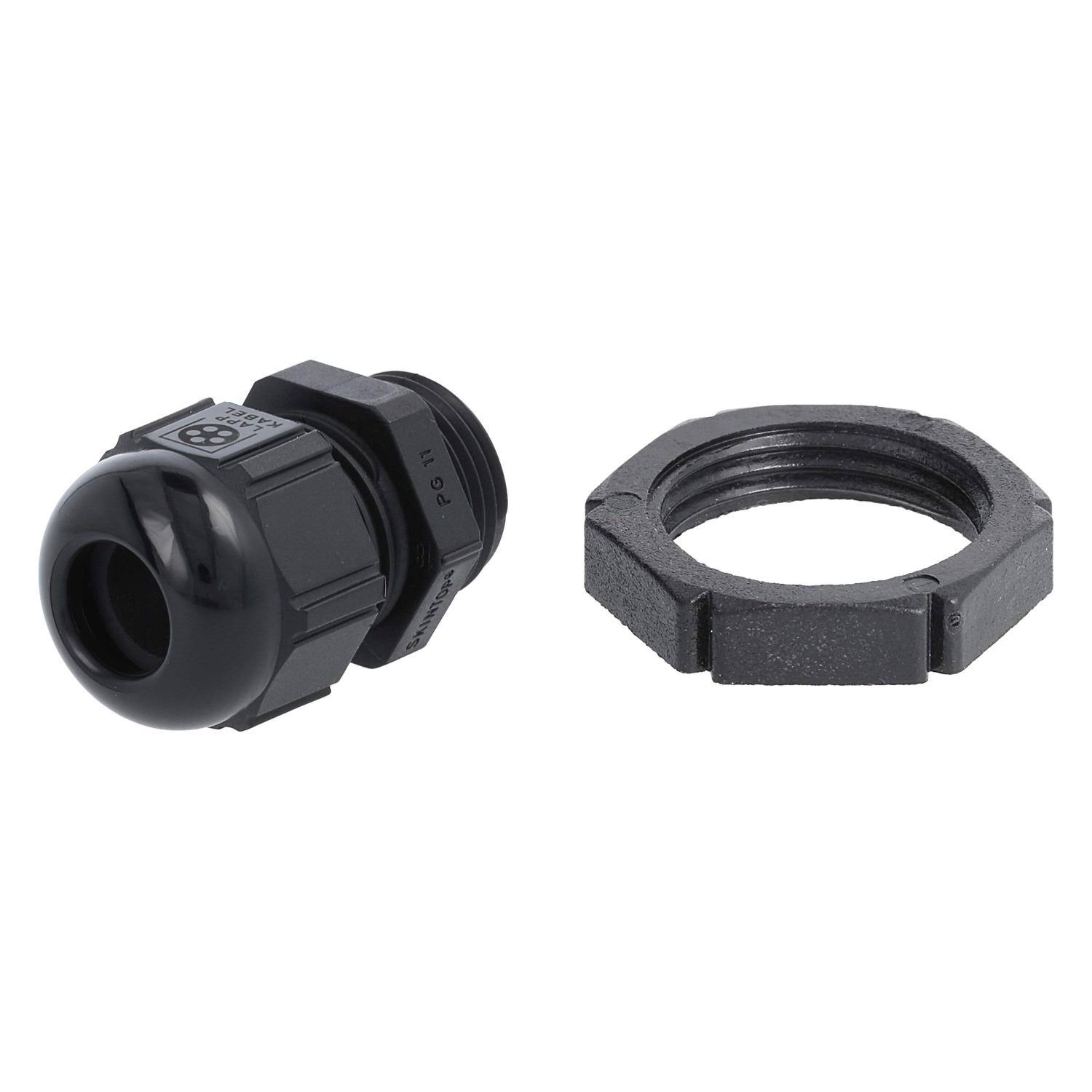Schwarze Kabelverschraubung mit sechseckiger Sperrmutter, geeignet zum Abdichten von Kabeln in elektrischen Gehäusen; in zwei Teilen dargestellt.