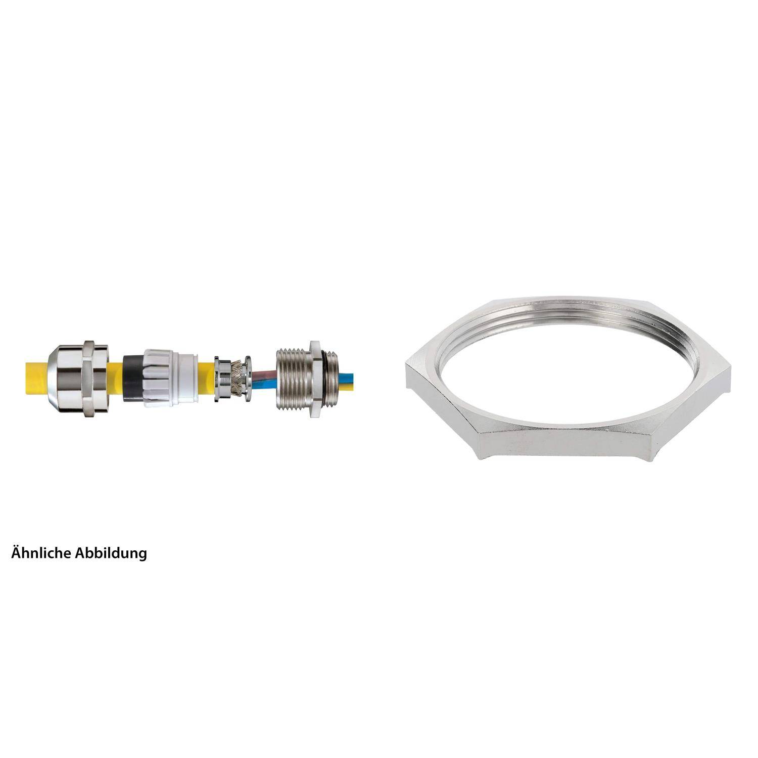 Eine metallische Kabelverschraubung mit separater dargestellter sechskantiger Kontermutter, wird verwendet, um Kabel in elektrischen Schaltschränken zu sichern.