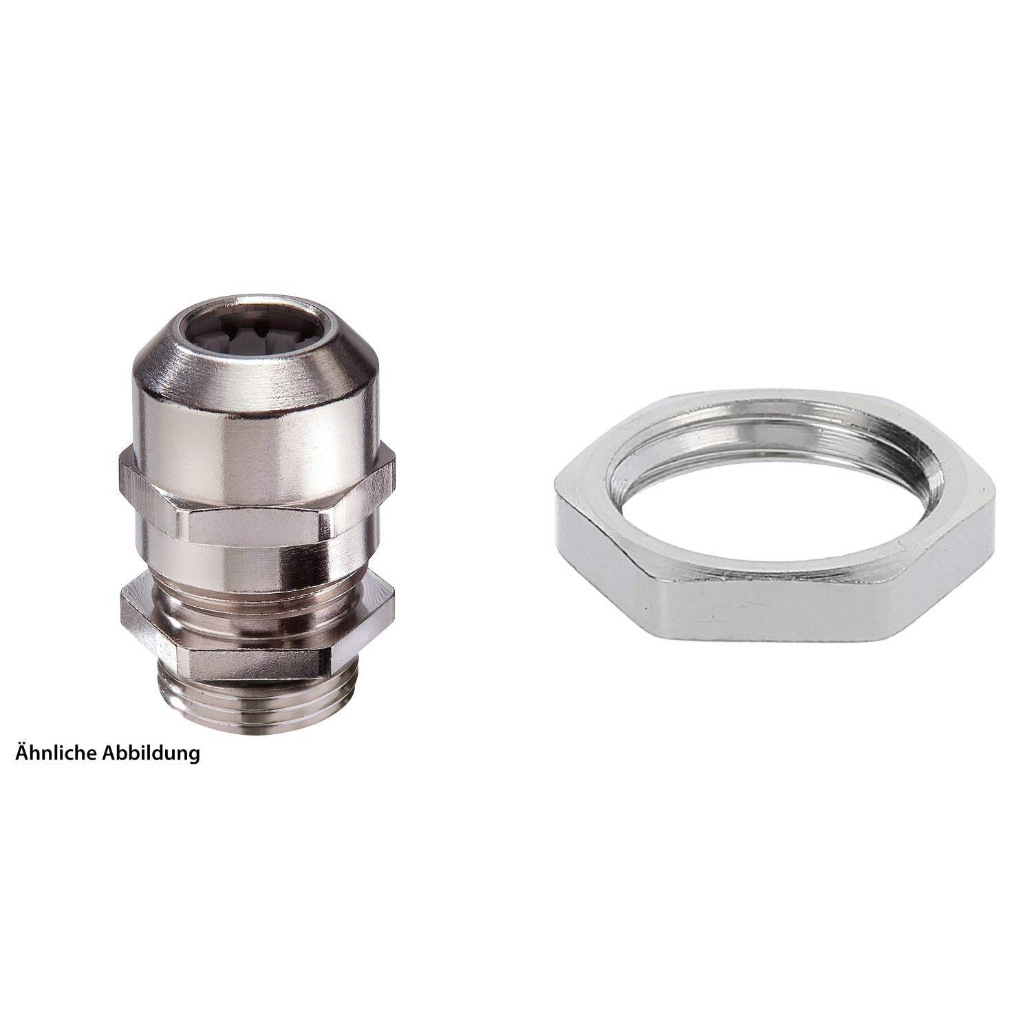 Metallkabelverschraubung und Sechskant-Sicherungsmutter, in Silber dargestellt.