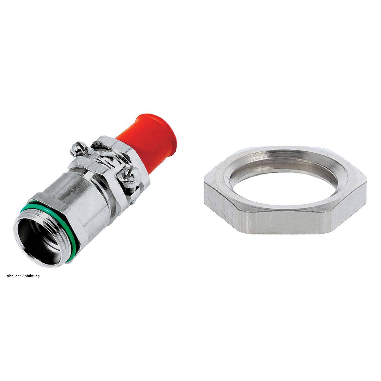 Roter Schutzdeckel und silberne Sechskantmutter; elektronische Anschlusskomponenten. Geeignet für den Zusammenbau oder die Reparatur von Kabeln und Schaltkreisen.