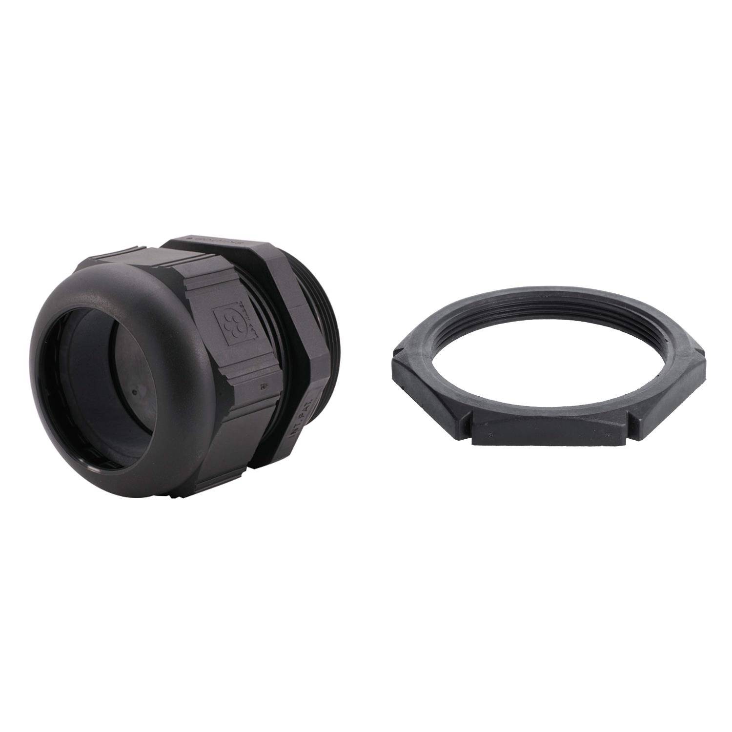 Ein silberner Metallkupplung mit gerippter Außenseite, neben einer passenden runden Mutter positioniert, beide zum Sichern oder Verbinden von Rohrleitungen verwendet.