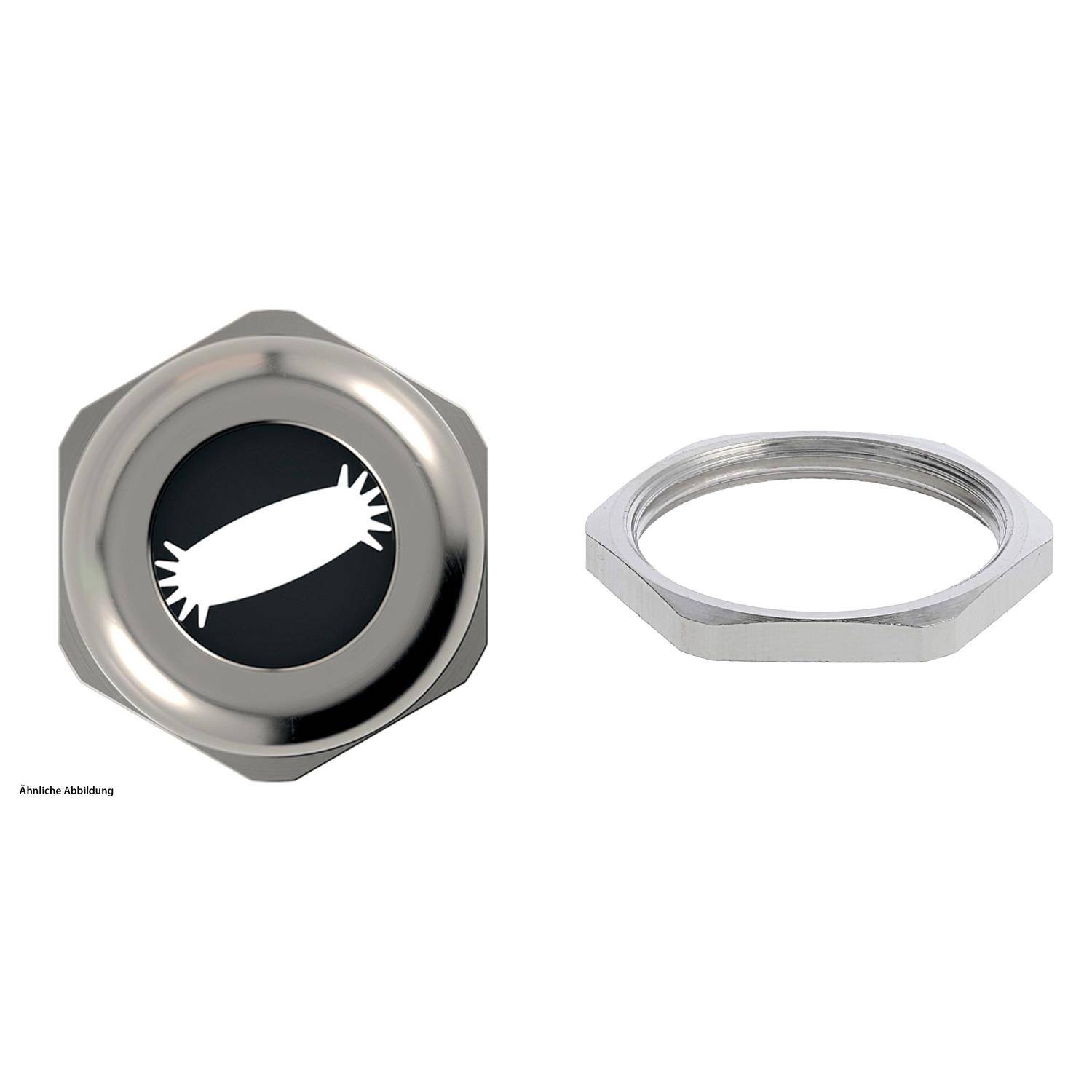 Sechseckige Metallkomponente mit einer Dichtung; linke Seite zeigt einen schwarzen Kreis mit einem weißen zahnradähnlichen Symbol. Rechte Seite zeigt einen passenden Metallring.