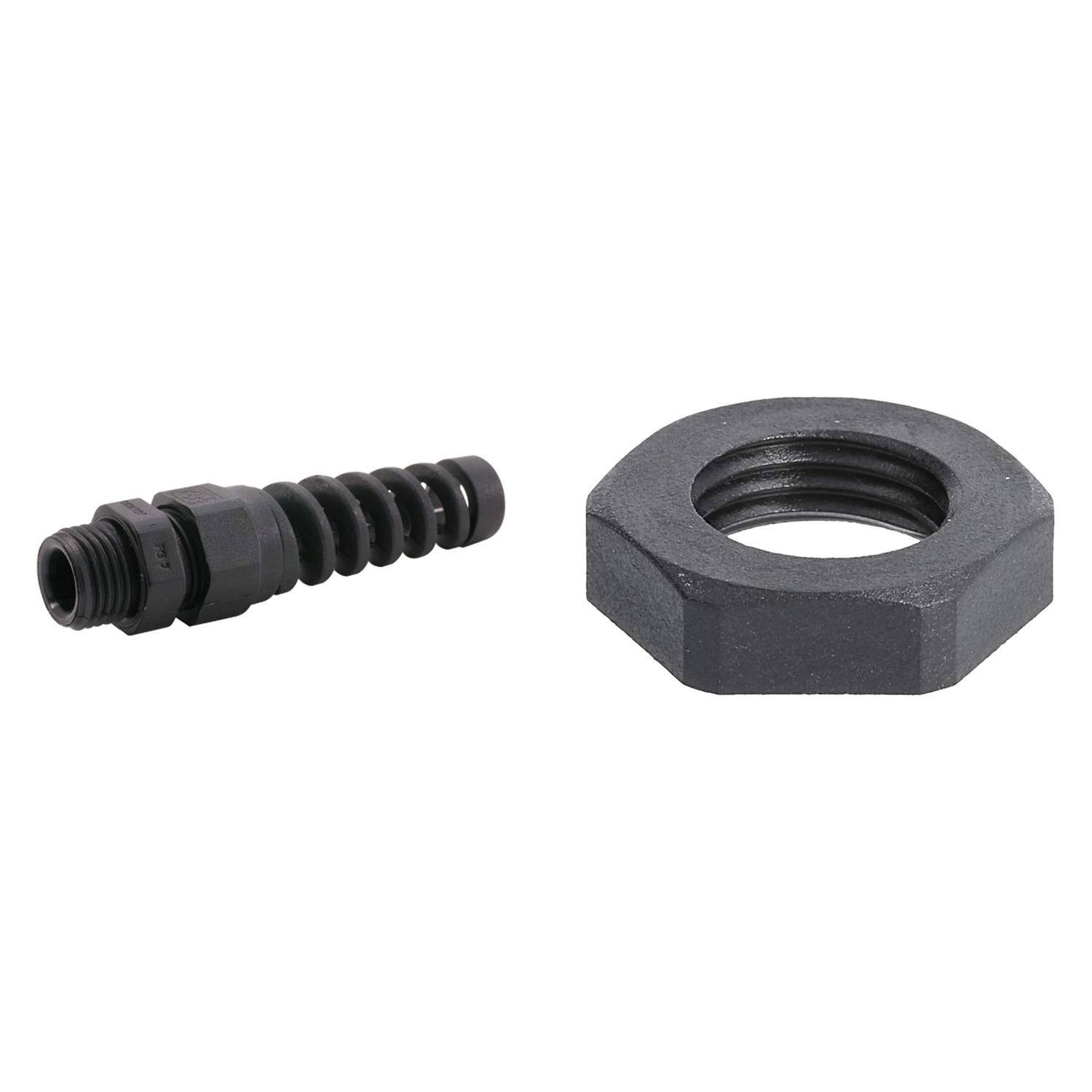 Eine schwarze Druckfeder-Schnellkupplung und eine sechseckige Mutter, beide aus Metall gefertigt, liegen nebeneinander auf einem einfarbigen weißen Hintergrund.