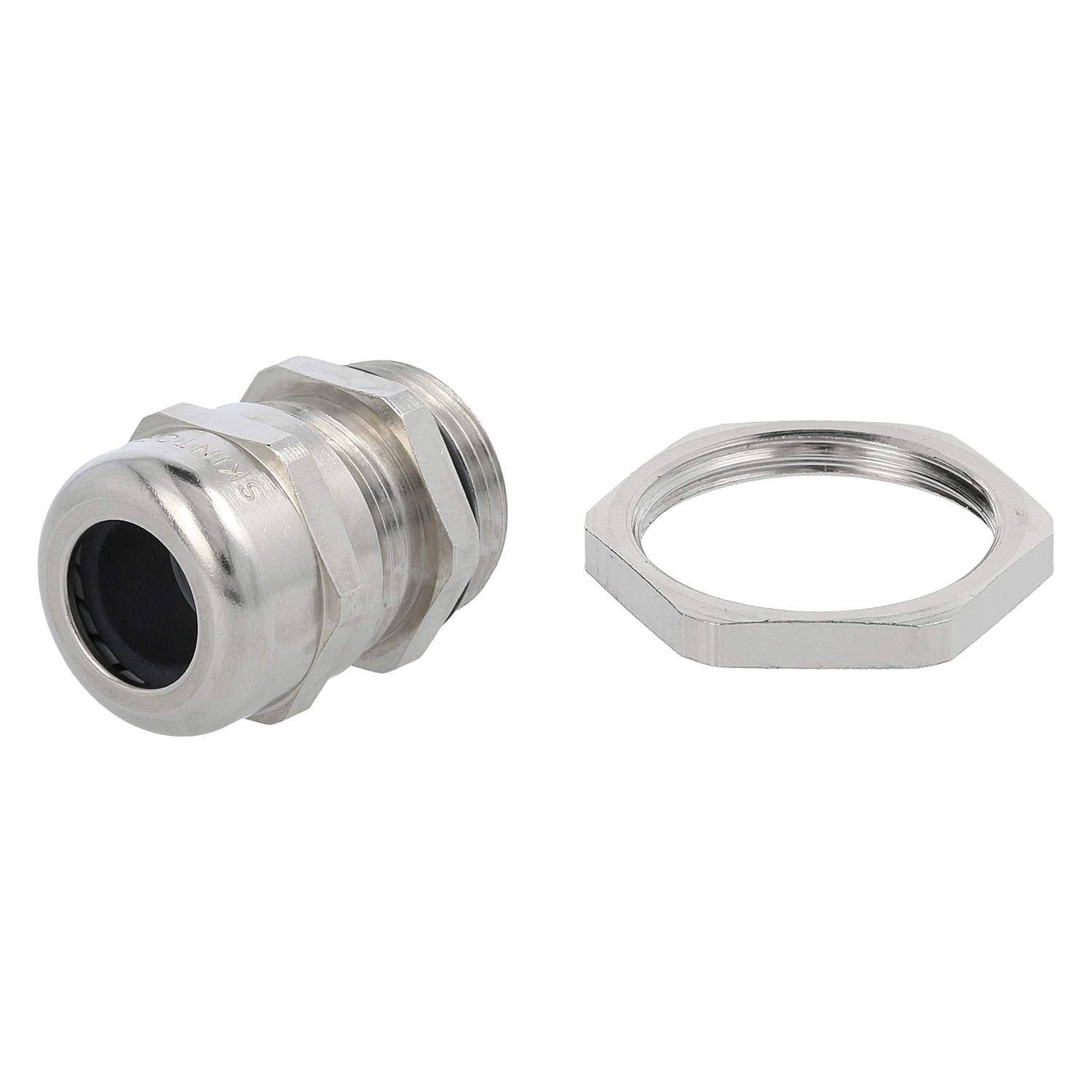 Metall-Kabelverschraubung mit Sechskant-Gegenmutter, verwendet zum Sichern von Kabeln und Gewährleistung des Schutzes gegen Staub und Wassereintritt.
