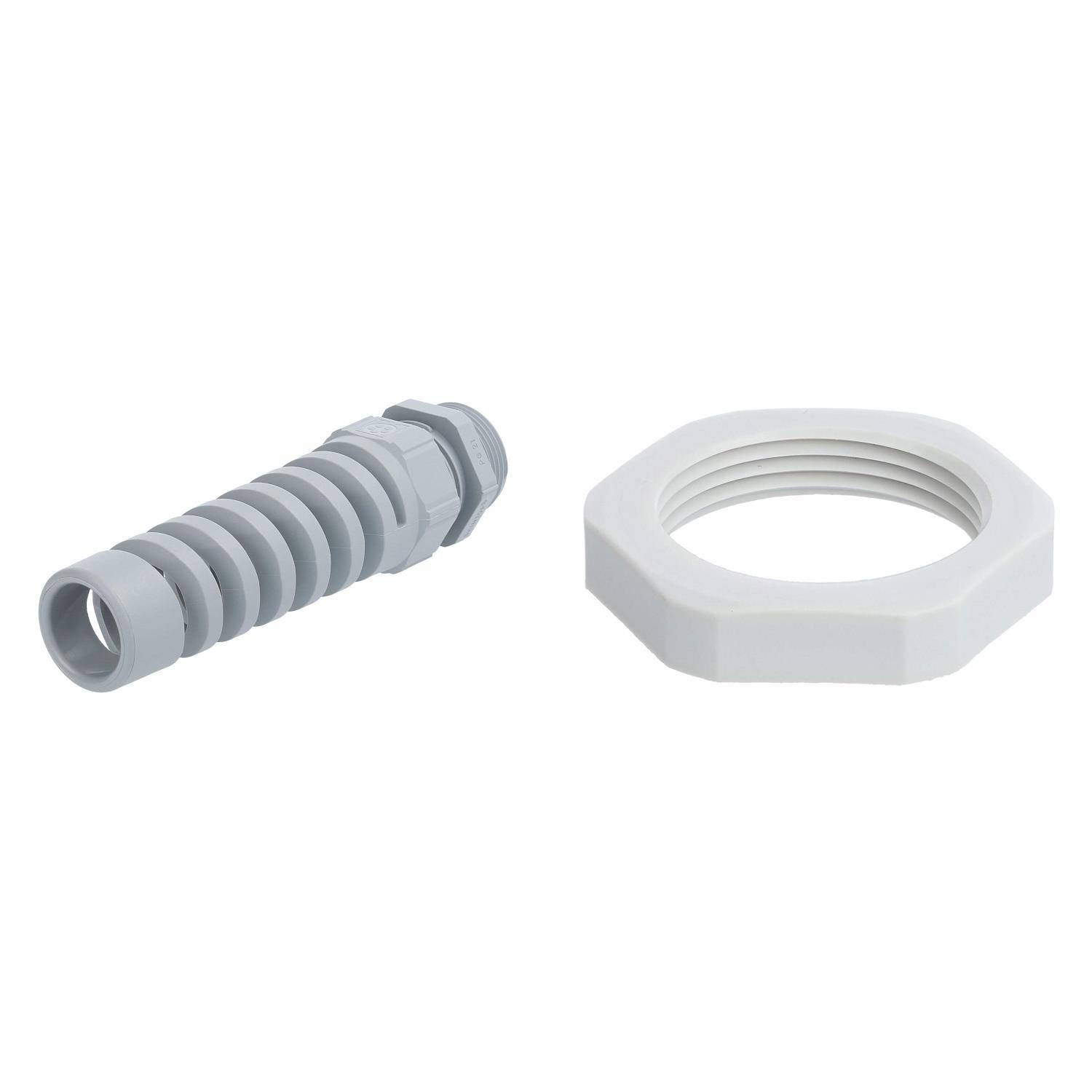 Ein Schlauchanschluss und eine Sechskantmutter, beide grau, nebeneinander auf weißem Hintergrund.