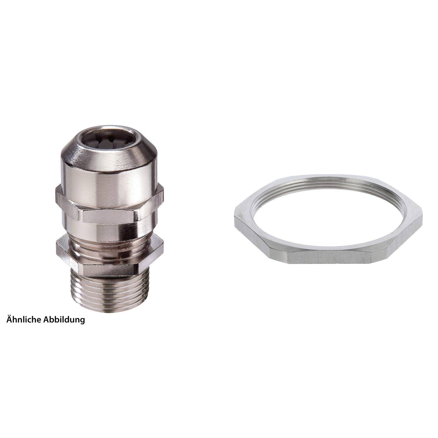 Metall-Kabelverschraubung mit sechskantigem Sicherungsmutter, verwendet zum Befestigen von Kabeln durch eine Platte oder ein Gehäuse.