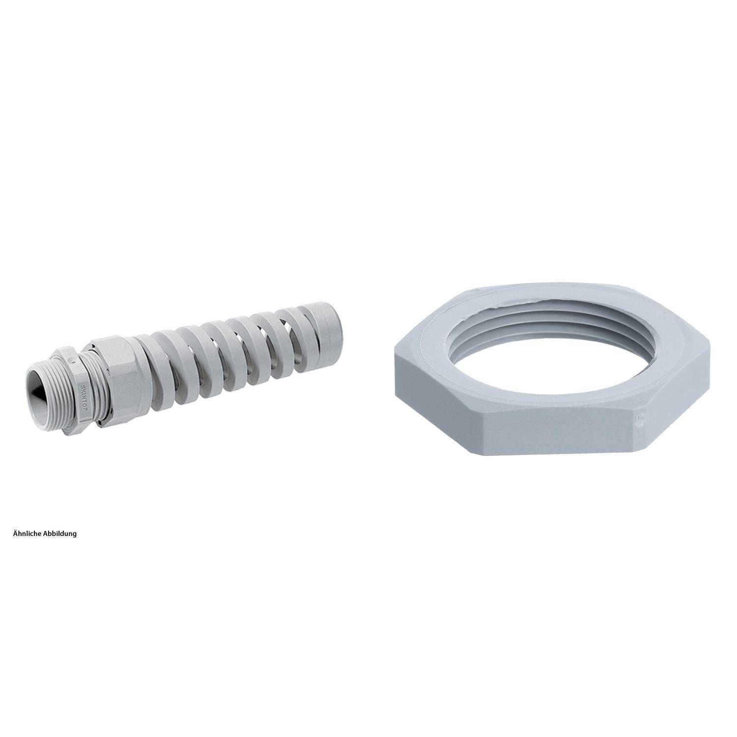Eine graue Kabelverschraubung aus Kunststoff und eine sechseckige Sicherungsmutter, nebeneinander, isoliert auf weißem Hintergrund. Beschriftung lautet ‚Ähnliche Abbildung'.
