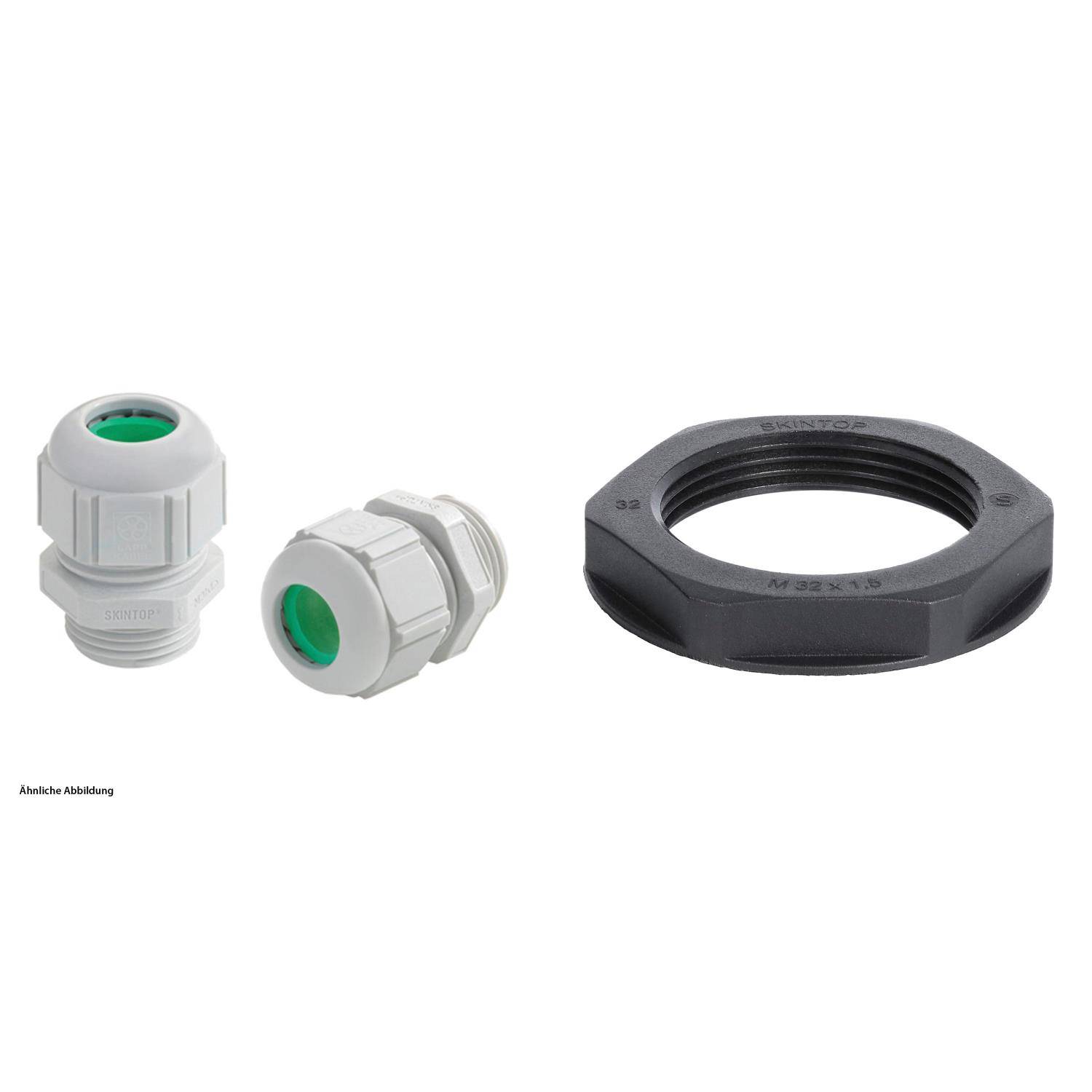 Ein Satz von drei verschiedengroßen Kabelverschraubungen auf weißem Hintergrund. Jede verfügt über einen Kunststoffkörper mit einem farbigen Dichtungseinsatz.