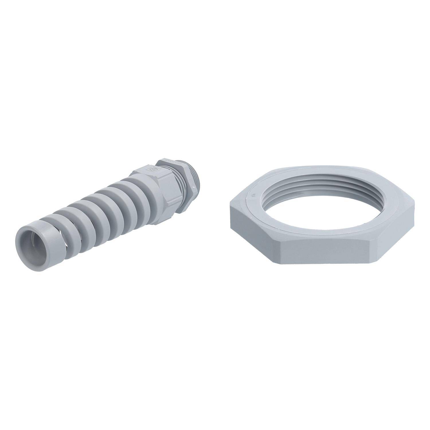 Graue Kabelverschraubung und Sicherungsmutter auf weißem Hintergrund.