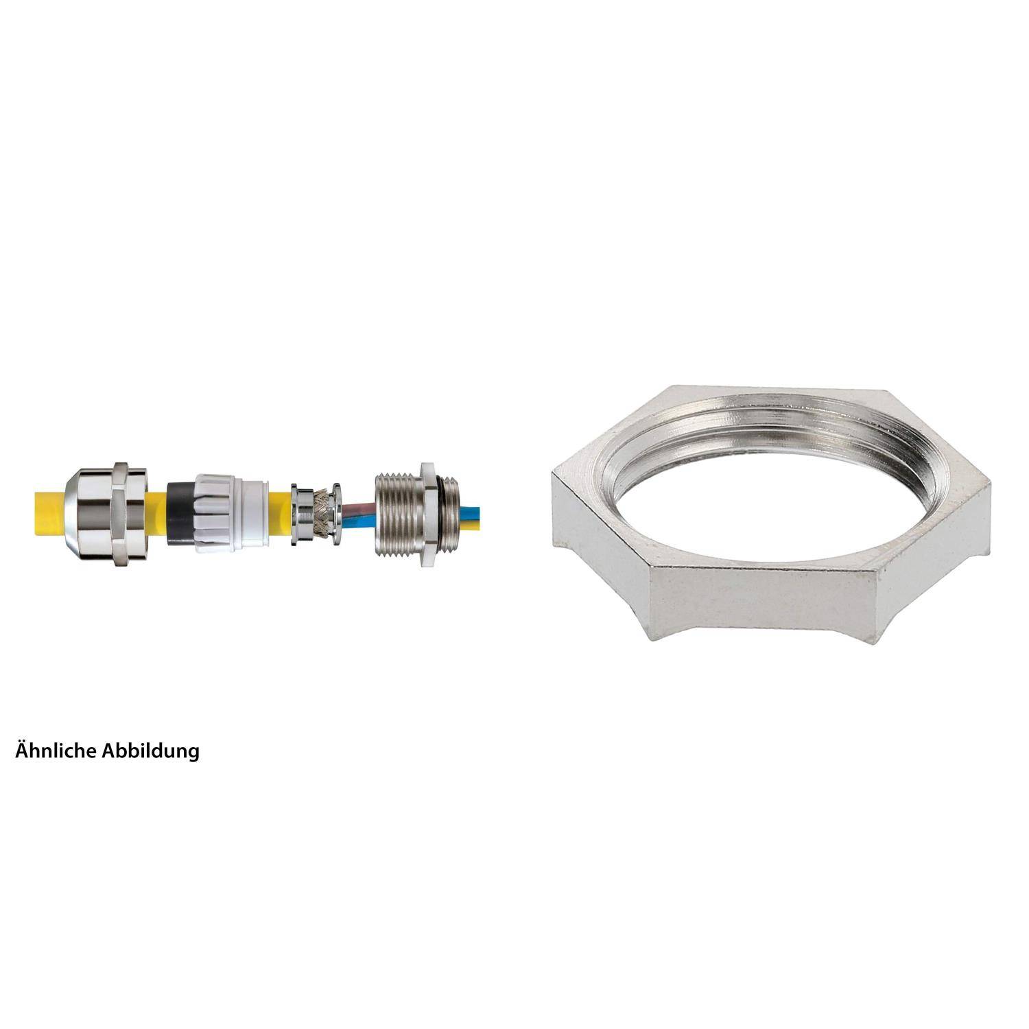 Kabelsteckerverbindung mit verschiedenen Komponenten und sechskantige Metallmutter. Die Komponenten umfassen ein Kabel, eine Ferrule und einen Steckverbinderkörper.