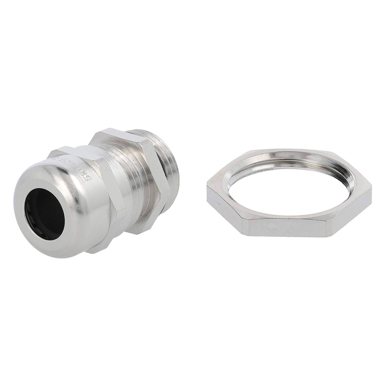 Kabelverschraubung aus Metall mit Gegenmutter, zur Befestigung von Kabeln in elektrischen Geräten.