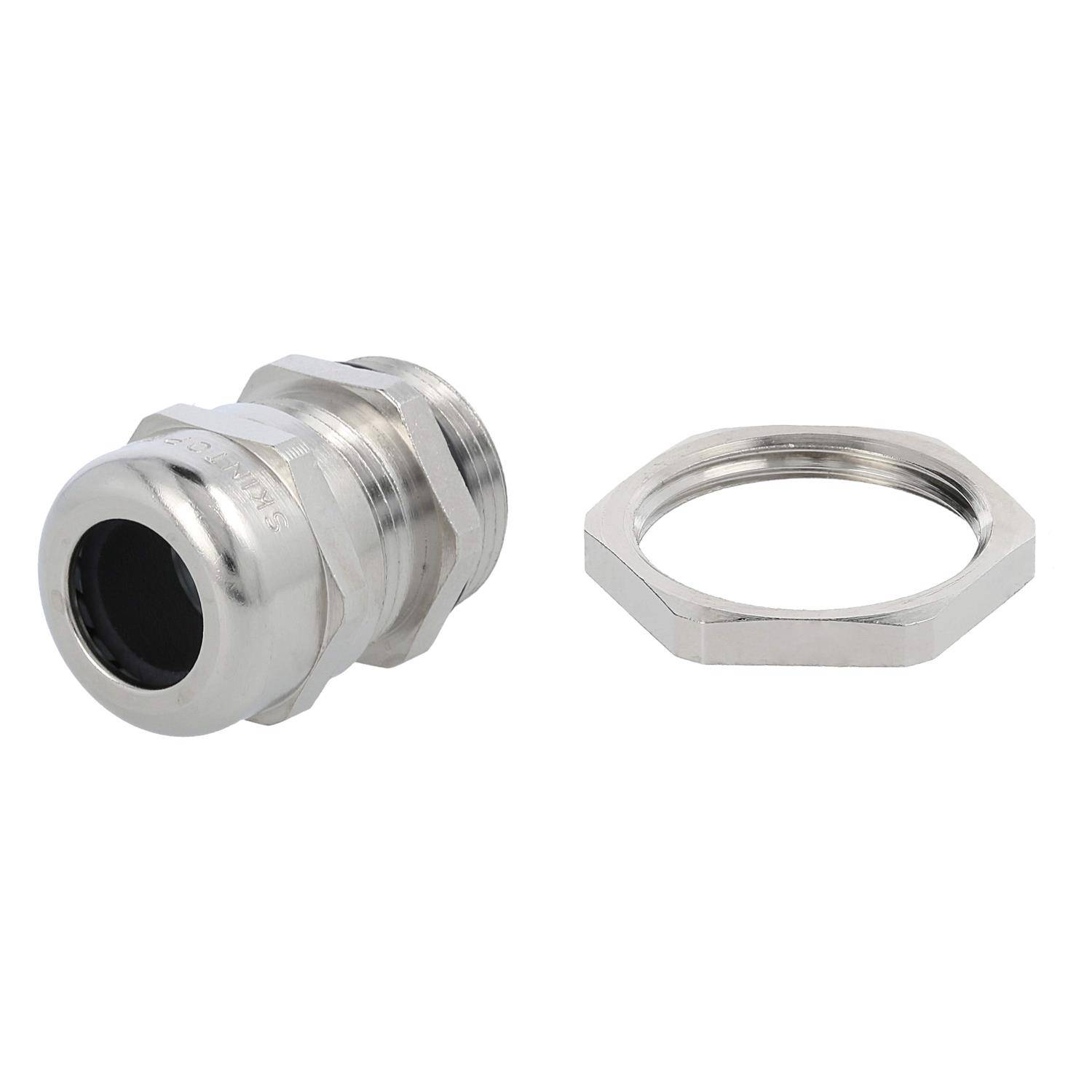 Metall-Kabelverschraubung und Sicherungsmutter, verwendet zum Befestigen von Kabeln an Geräten, die eine zuverlässige Abdichtung sicherstellt, typischerweise entscheidend in elektrischen Installationen.