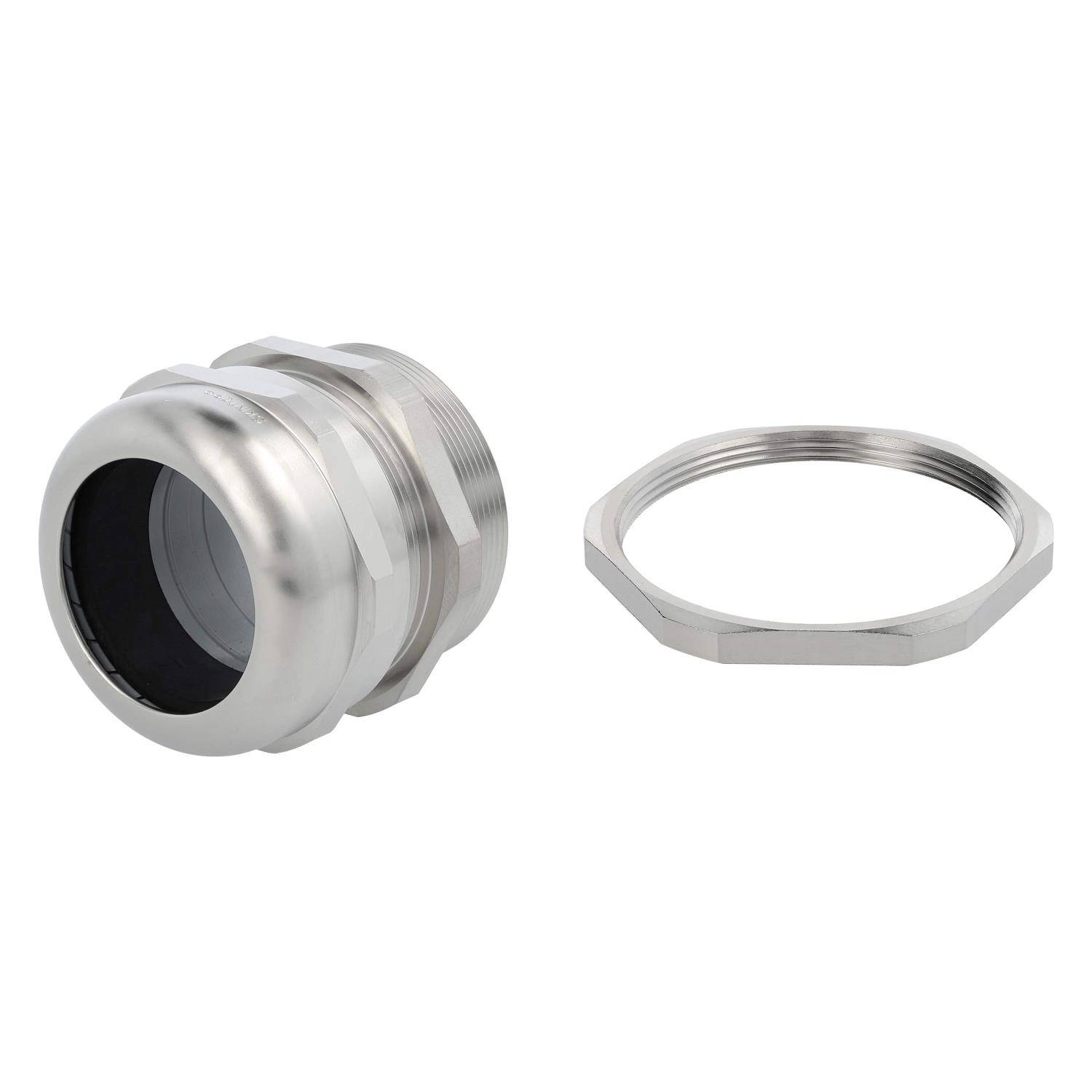 Kabelverschraubung aus Edelstahl mit separater Gegenmutter dargestellt. Entwickelt zum Sichern und Abdichten von Kabeln durch Gehäuse.