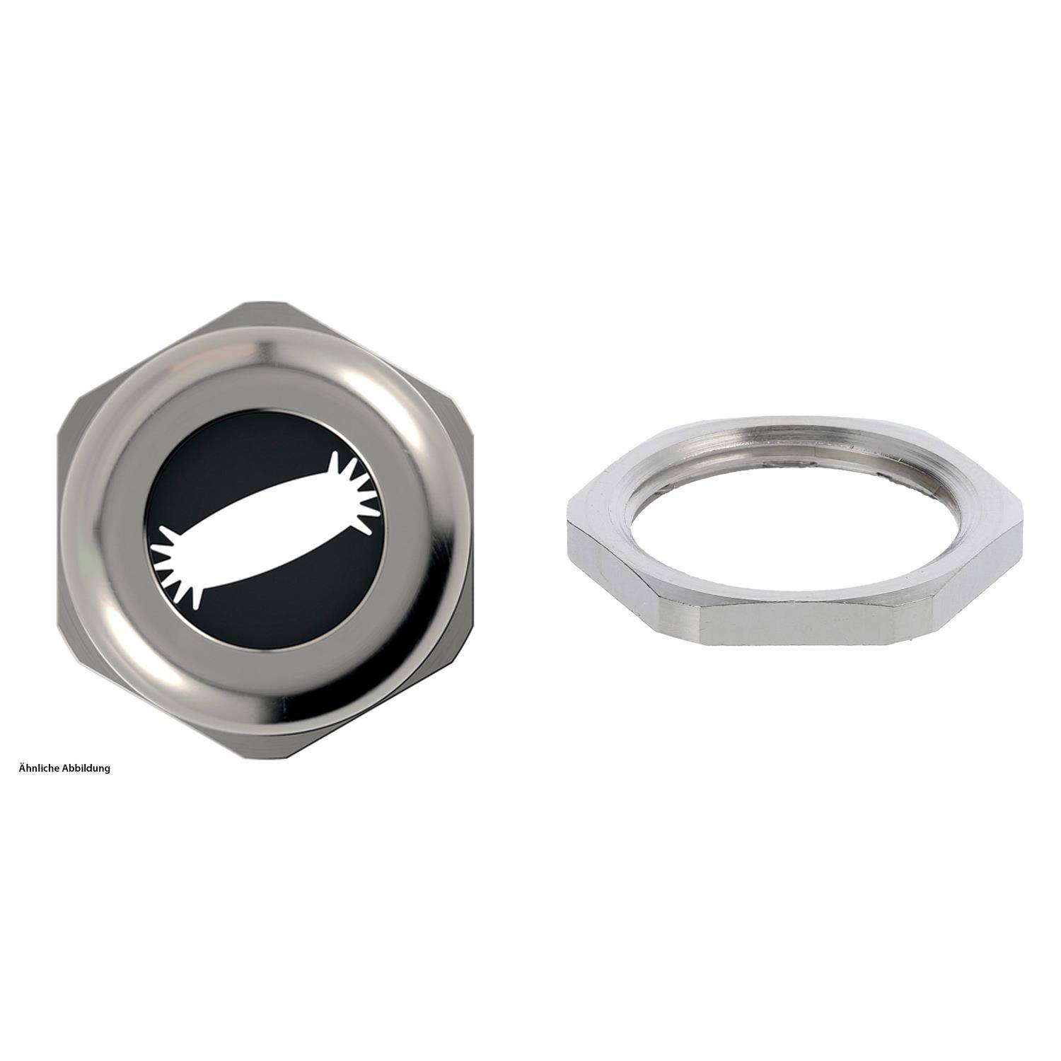 Schalter der Marke 'Carling' mit Drucktastenfunktion und einer Krabbe als Icon, ausgestattet mit einer sechseckigen Metallflanschmutter an der Seite.