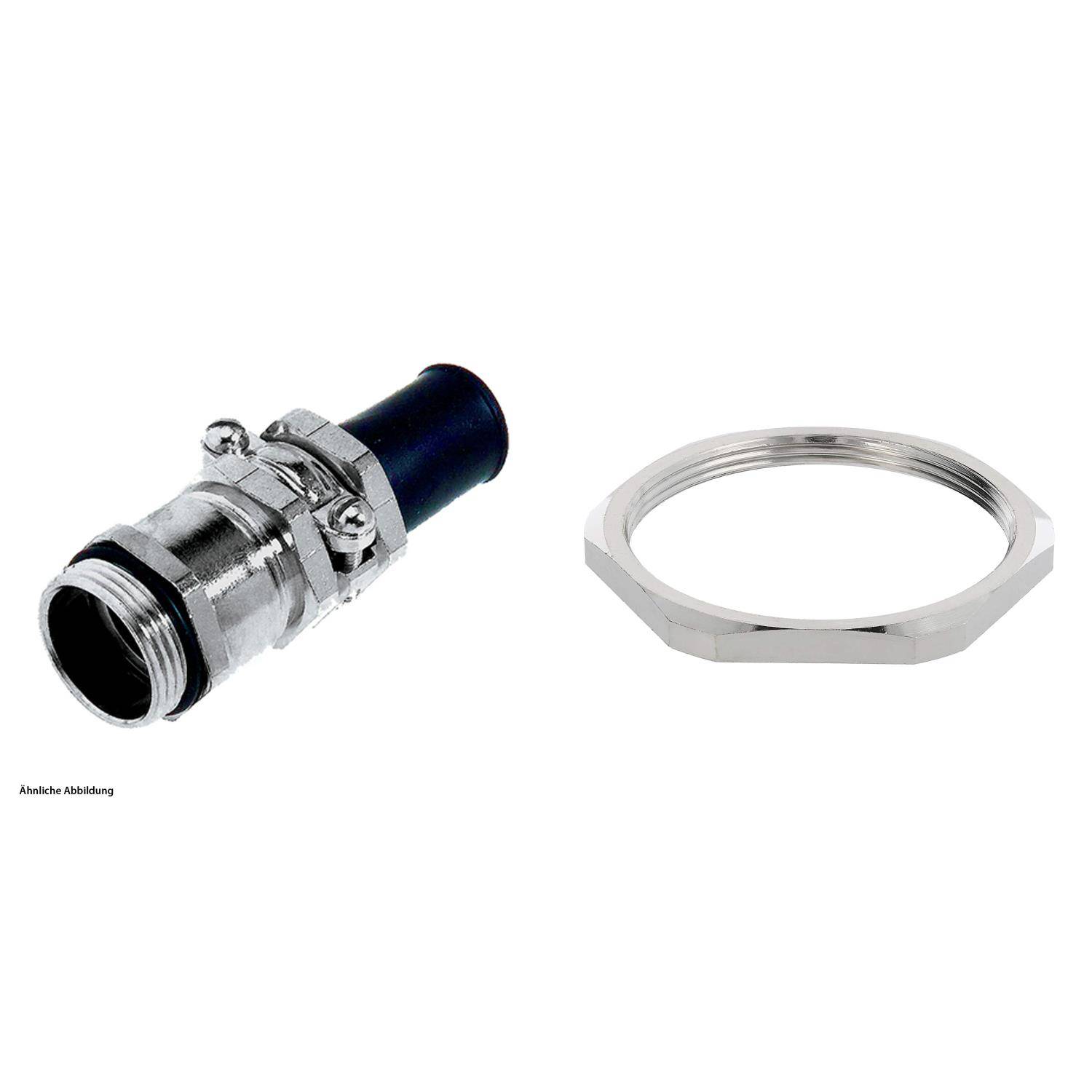 Metallkabeleinführung mit blauer Dichtung und silberner Sechskant-Kontermutter auf weißem Hintergrund.