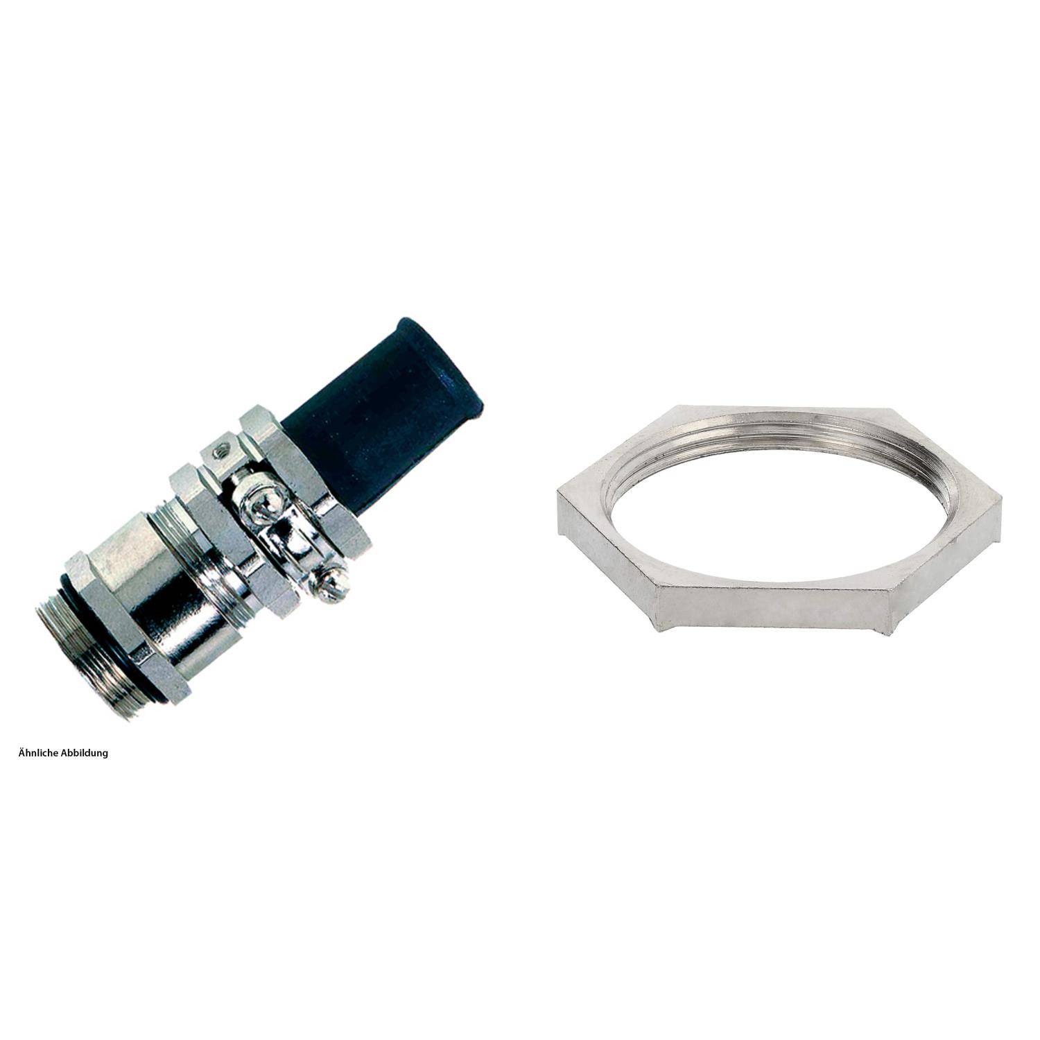 Metallverbinder mit einer schwarzen Gummikappe auf der linken Seite und einer separaten sechseckigen Metallmutter auf der rechten Seite, vor einem weißen Hintergrund.