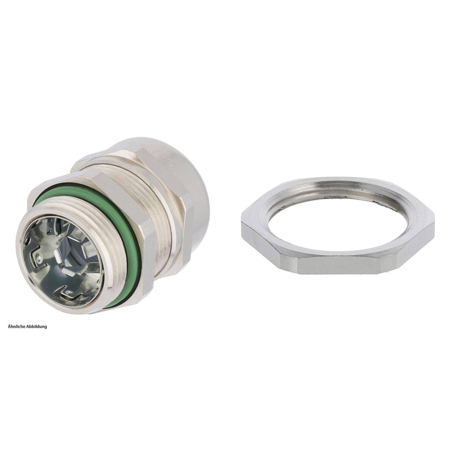 Eine Metall-Kabelverschraubung mit grünem Dichtungsring und der zugehörigen sechskantigen Sicherungsmutter, verwendet zum Befestigen und Abdichten von Kabeln in Gehäusen.