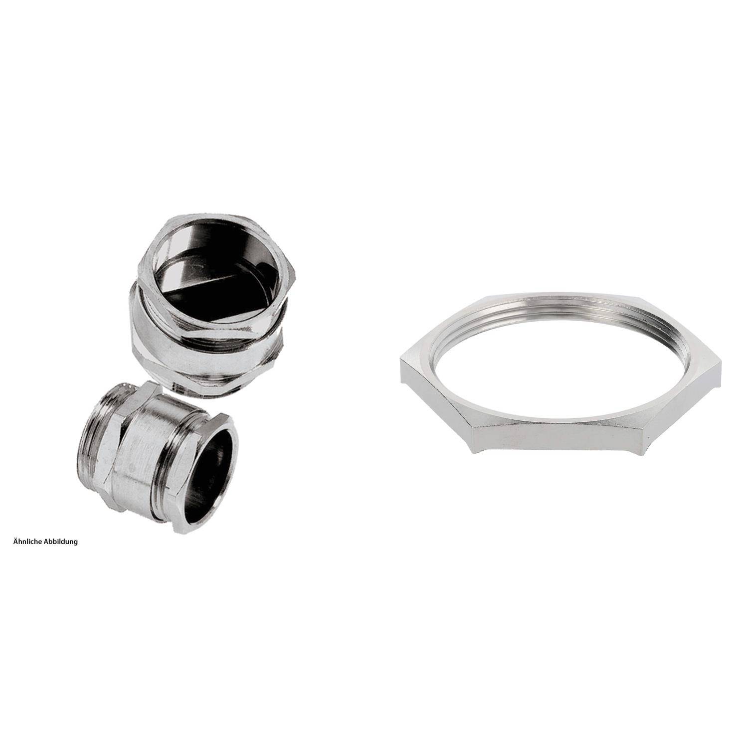 Metall-Kabelverschraubungs-Set, bestehend aus einem Gewindeanschluss und einer passenden Sechskantmutter, entwickelt zum Sichern von Kabeln in elektrischen Gehäusen.