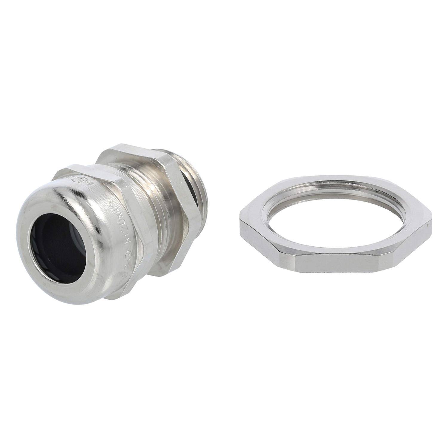 Eine Metall-Kabelverschraubung mit Gegenmutter, die zur Sicherung von Kabeln und zur Zugentlastung in elektrischen Installationen verwendet wird.