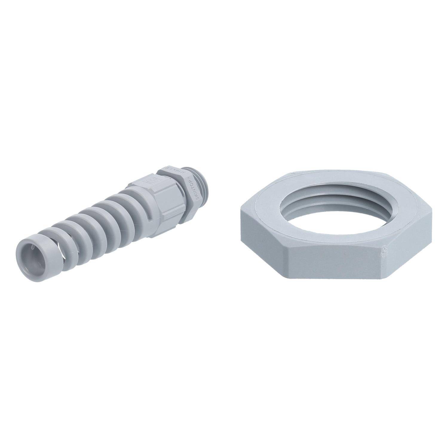 Eine graue Kunststoff-Kabelverschraubung mit entsprechender Sechskantmutter, die zum Sichern und Schützen von Kabeln verwendet wird.