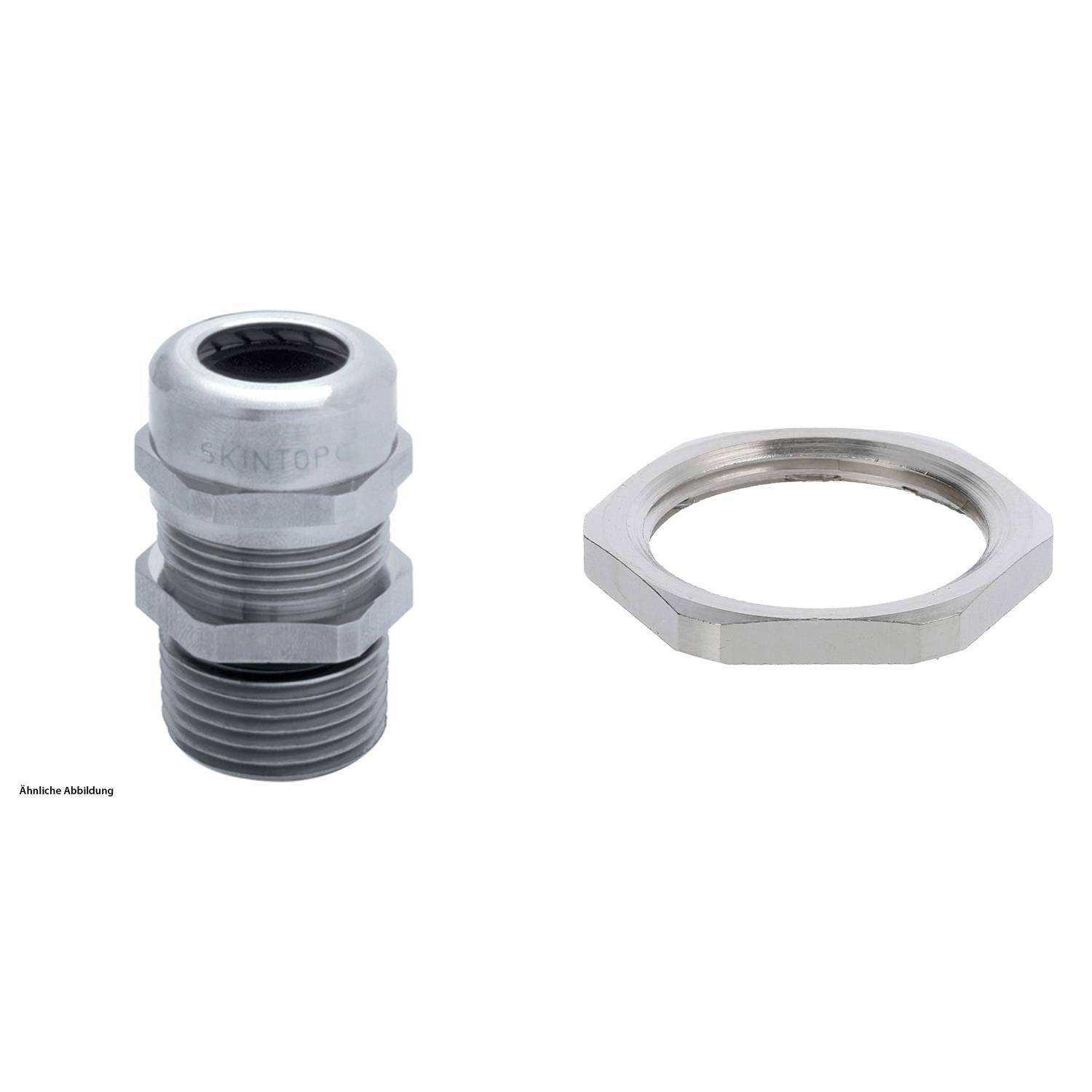 Eine Metall-Kabelverschraubung mit zugehöriger Sechskantmutter, gekennzeichnet mit 'SKINTOP'.