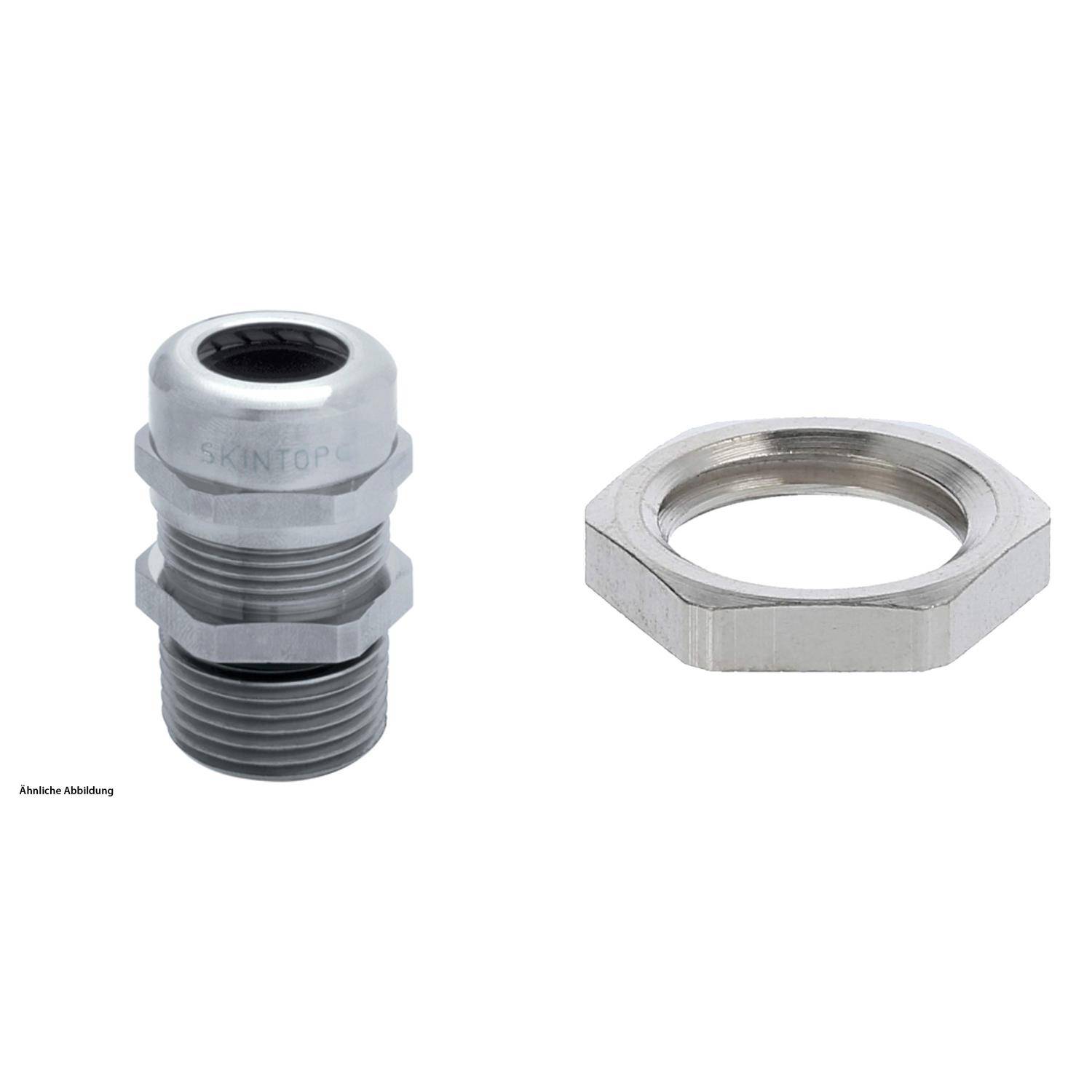 SKINTOP' Kabelverschraubung und sechskantiger Sicherungsmutter, entwickelt für sichere Kabelverbindungen in elektrischen Installationen, in metallischer Ausführung dargestellt.