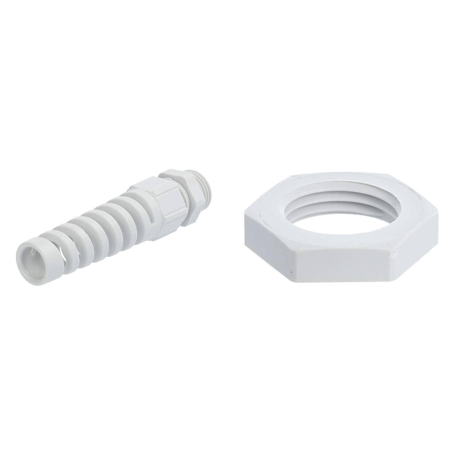 Eine weiße Plastik-Kabelverschraubung mit einem gerillten Gehäuse und einer sechseckigen Sicherungsmutter, die auf einem einfarbigen Hintergrund liegt.