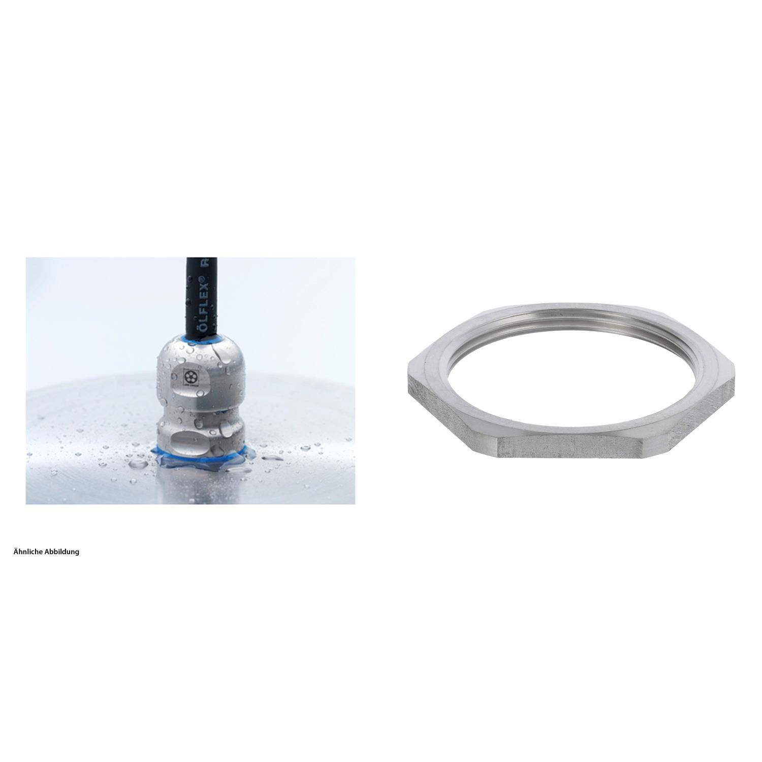 Balluf' Sensor an einer Metalloberfläche links angebracht; metallischer sechseckiger Ring rechts separat dargestellt.