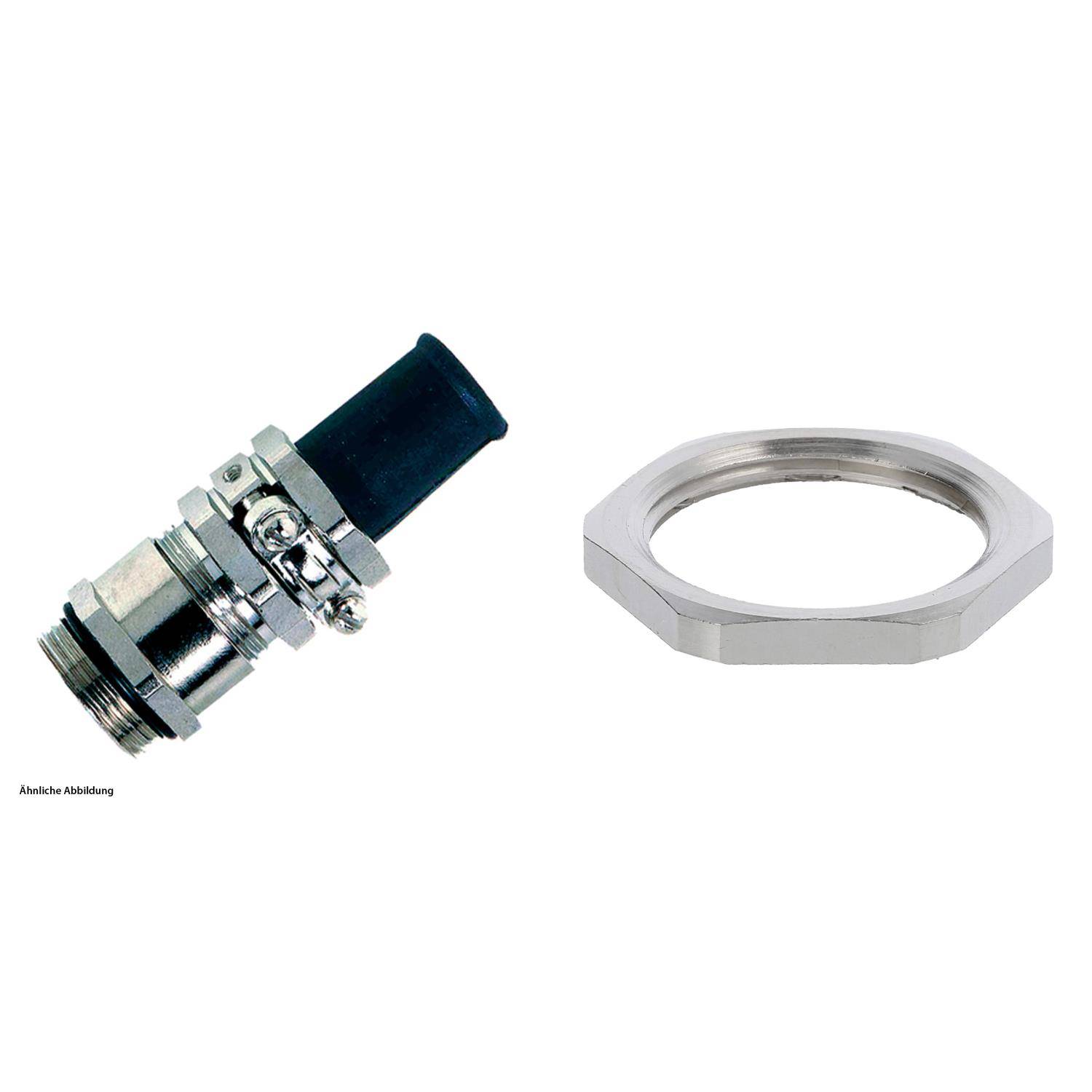 Ein Metall-Drucktaster mit schwarzer Kappe und metallischer Sechskantmutter auf weißem Hintergrund.