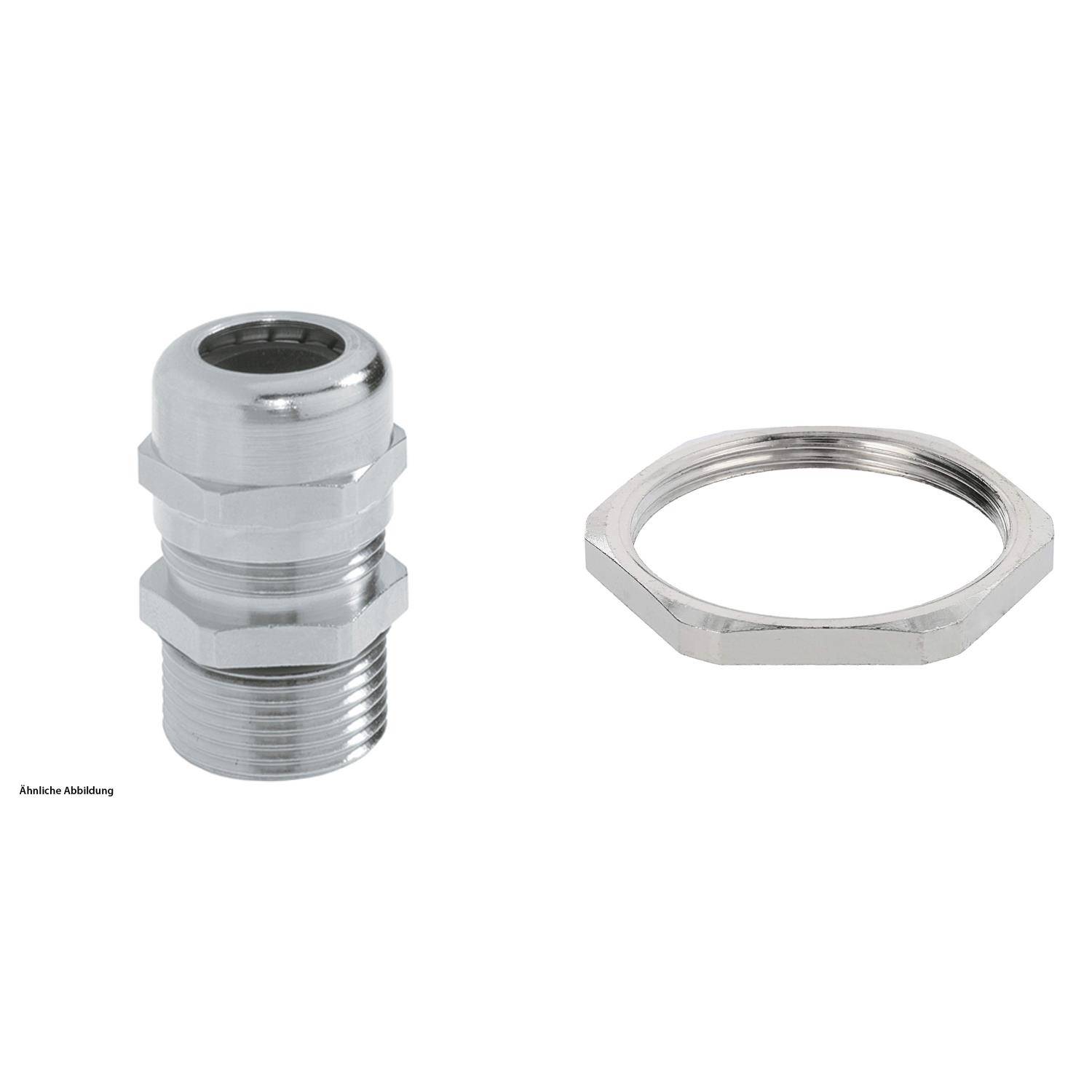Metall-Kabelverschraubung mit sechskantiger Gegenmutter.