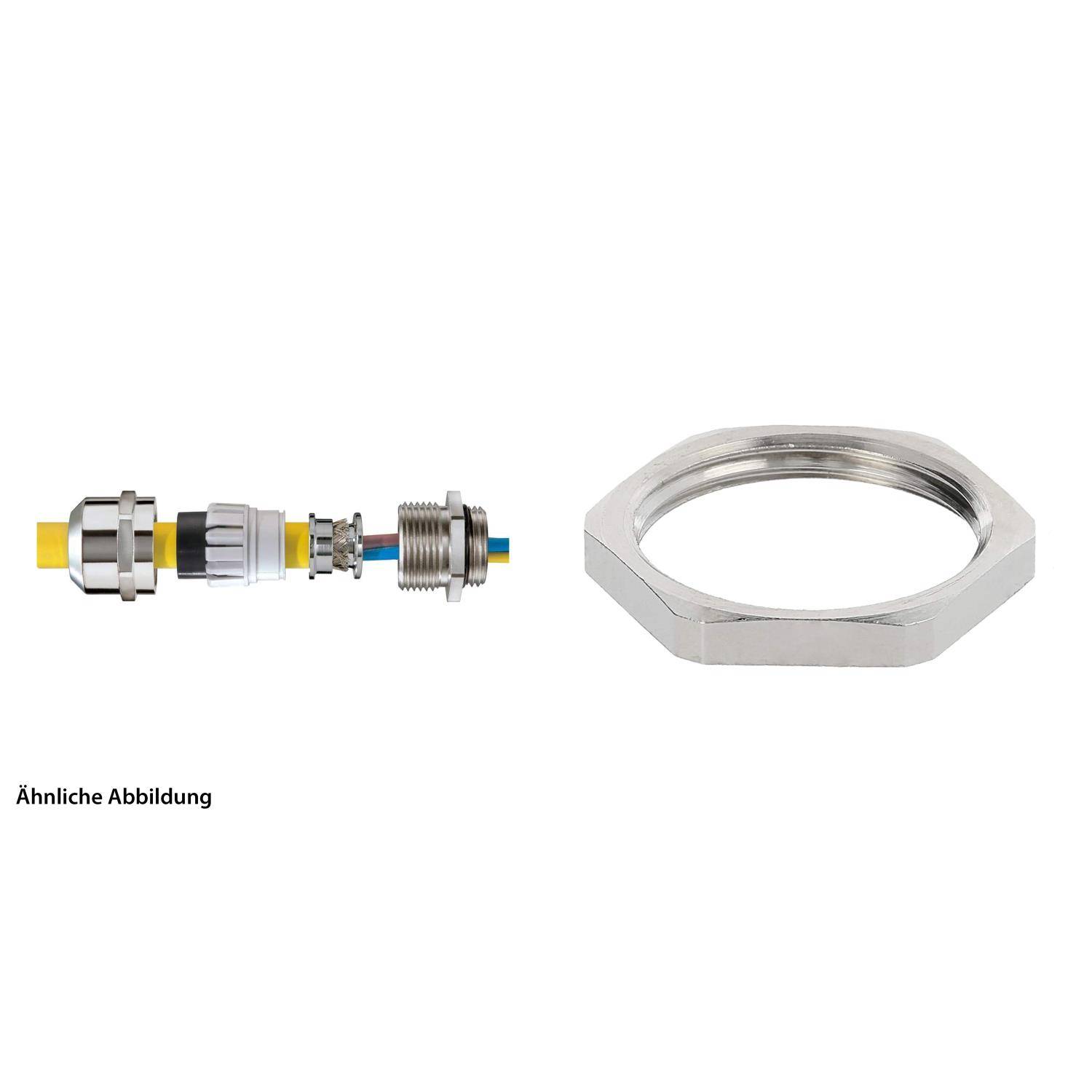 Eine Kabelverschraubung mit verschiedenen Komponenten, darunter ein gelbes Kabel, Verbindungsteile und eine Metallmutter auf der rechten Seite.